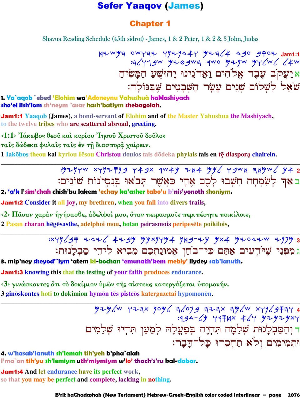 Jam1:1 Yaaqob (James), a bond-servant of Elohim and of the Master Yahushua the Mashiyach, to the twelve tribes who are scattered abroad, greeting.