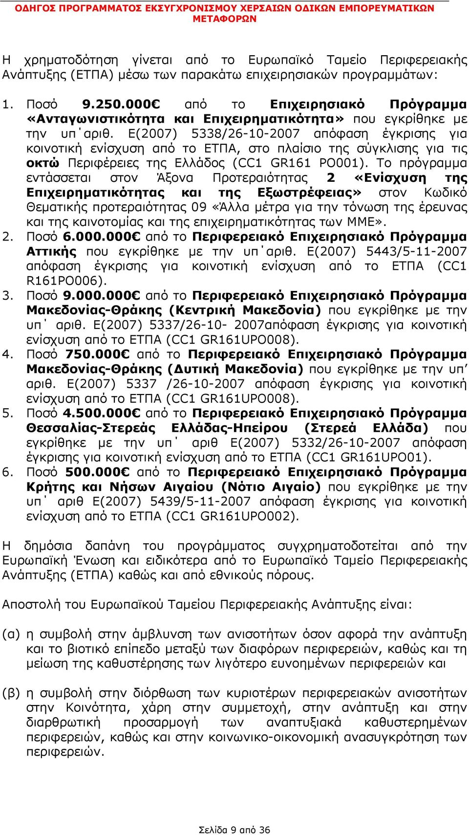Ε(2007) 5338/26-10-2007 απόφαση έγκρισης για κοινοτική ενίσχυση από το ΕΤΠΑ, στο πλαίσιο της σύγκλισης για τις οκτώ Περιφέρειες της Ελλάδος (CC1 GR161 PO001).