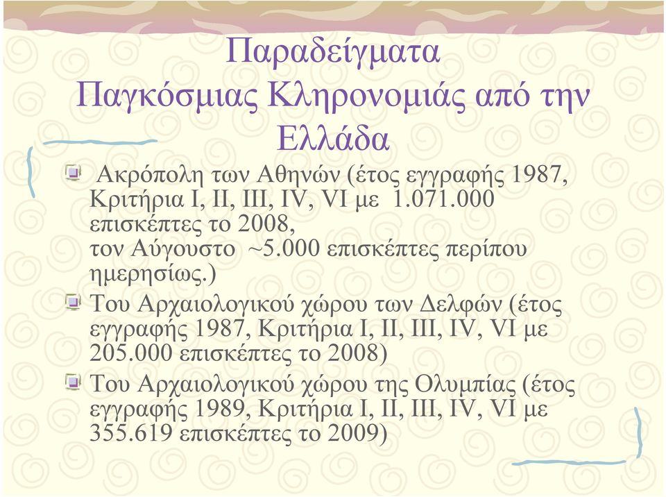 ) Του Αρχαιολογικού χώρου των Δελφών (έτος εγγραφής 1987, Κριτήρια I, II, III, IV, VI με 205.