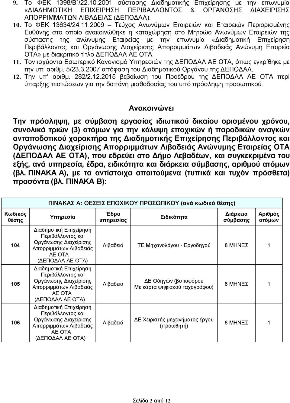 Επιχείρηση Περιβάλλοντος και Οργάνωσης Διαχείρισης Απορριμμάτων Λιβαδειάς Ανώνυμη Εταιρεία ΟΤΑ» με διακριτικό τίτλο ΔΕΠΟΔΑΛ ΑΕ ΟΤΑ. 11.