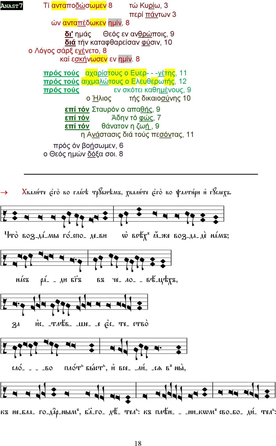 τόν θάνατον η ζωή, 9 η Ανάστασις διά τούς πεσόντας, 11 πρός όν βοήσωμεν, 6 ο Θεός ημών δόξα σοι. 8 Хвали1те є3го2 во глaсэ трyбнэмъ, хвали1те є3го2 во pалти1ри и3 гyслехъ.