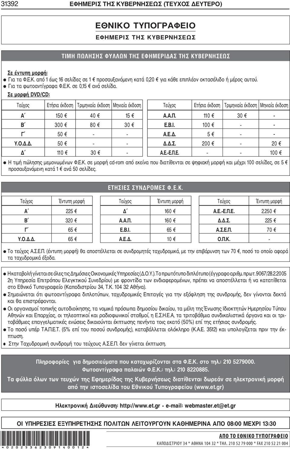 110 30 Β 300 80 30 Ε.Β.Ι. 100 Γ 50 Α.Ε.. 5 Υ.Ο... 50..Σ. 200 20 110 30 Α.Ε. Ε.Π.Ε. 100 Η τιµή πώλησης µεµονωµένων Φ.Ε.Κ.