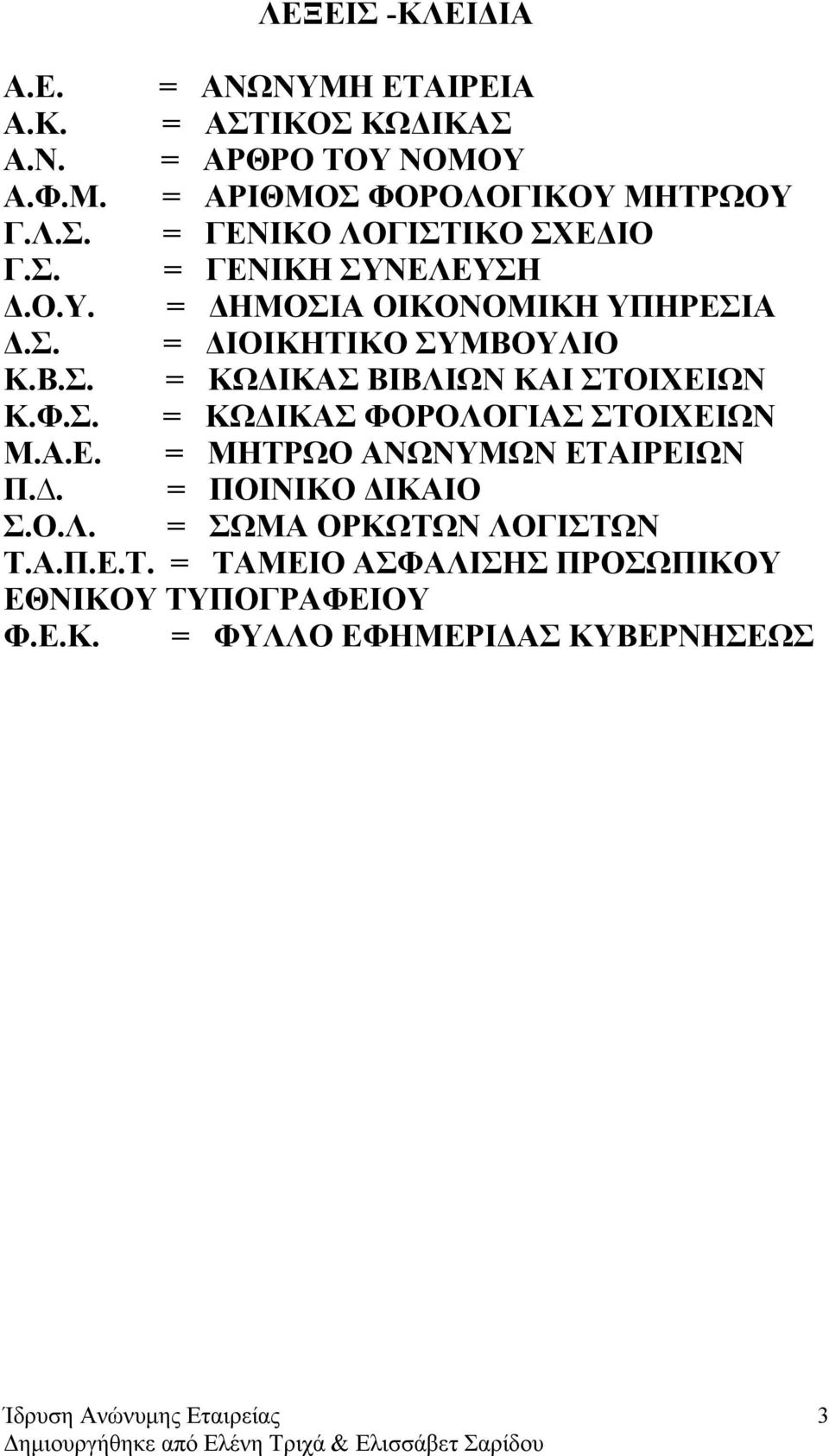 Φ.Σ. = ΚΩΔΙΚΑΣ ΦΟΡΟΛΟΓΙΑΣ ΣΤΟΙΧΕΙΩΝ Μ.Α.Ε. = ΜΗΤΡΩΟ ΑΝΩΝΥΜΩΝ ΕΤΑΙΡΕΙΩΝ Π.. = ΠΟΙΝΙΚΟ ΔΙΚΑΙΟ Σ.Ο.Λ. = ΣΩΜΑ ΟΡΚΩΤΩΝ ΛΟΓΙΣΤΩΝ Τ.Α.Π.Ε.Τ. = ΤΑΜΕΙΟ ΑΣΦΑΛΙΣΗΣ ΠΡΟΣΩΠΙΚΟΥ ΕΘΝΙΚΟΥ ΤΥΠΟΓΡΑΦΕΙΟΥ Φ.