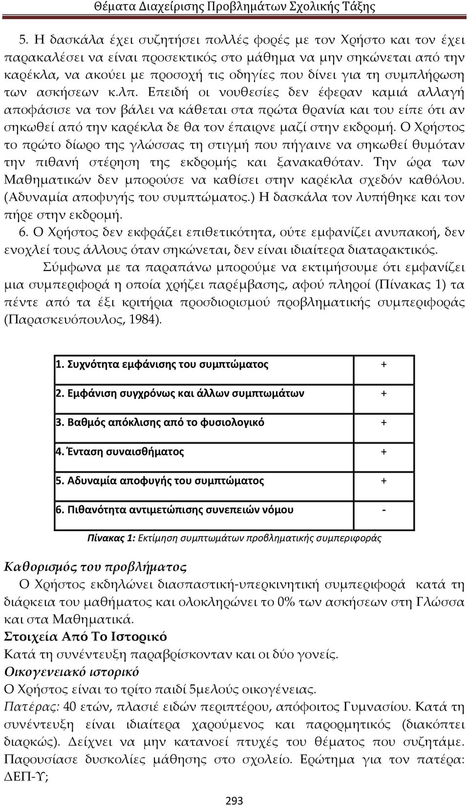 Επειδή οι νουθεσίες δεν έφεραν καμιά αλλαγή αποφάσισε να τον βάλει να κάθεται στα πρώτα θρανία και του είπε ότι αν σηκωθεί από την καρέκλα δε θα τον έπαιρνε μαζί στην εκδρομή.