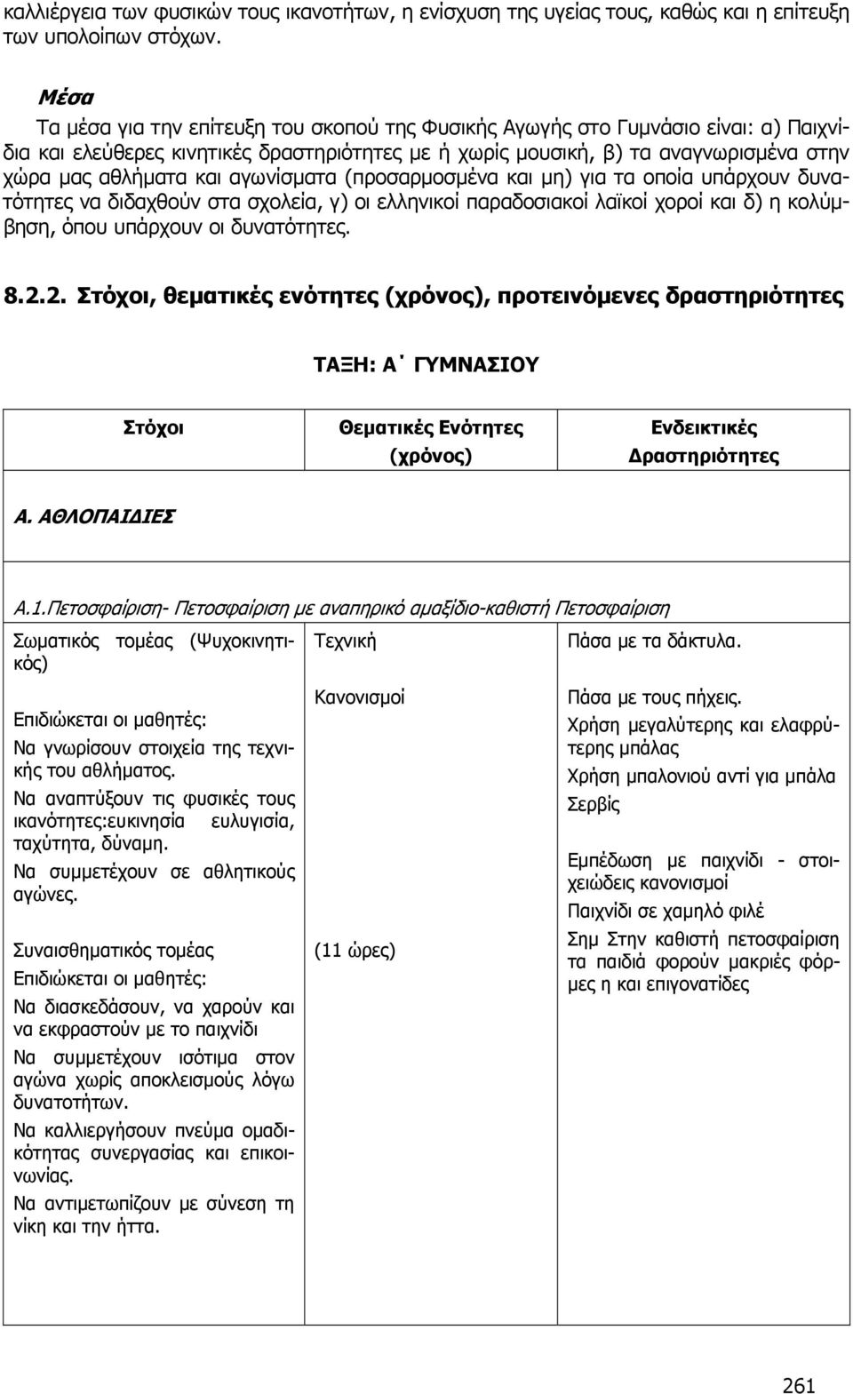 αγωνίσματα (προσαρμοσμένα και μη) για τα οποία υπάρχουν δυνατότητες να διδαχθούν στα σχολεία, γ) οι ελληνικοί παραδοσιακοί λαϊκοί χοροί και δ) η κολύμβηση, όπου υπάρχουν οι δυνατότητες. 8.2.