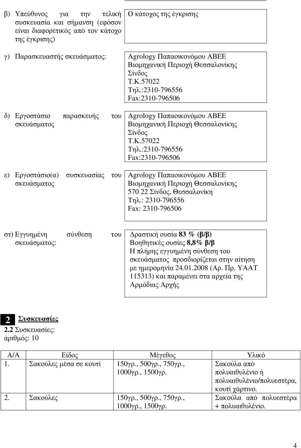 :210-796556 Fax:210-796506 δ) Εργοστάσιο παρασκευής του σκευάσµατος ε) Εργοστάσιο(α) συσκευασίας του σκευάσµατος Agrology Παπαοικονόµου ΑΒΕΕ Βιοµηχανική :210-796556 Fax:210-796506 Agrology