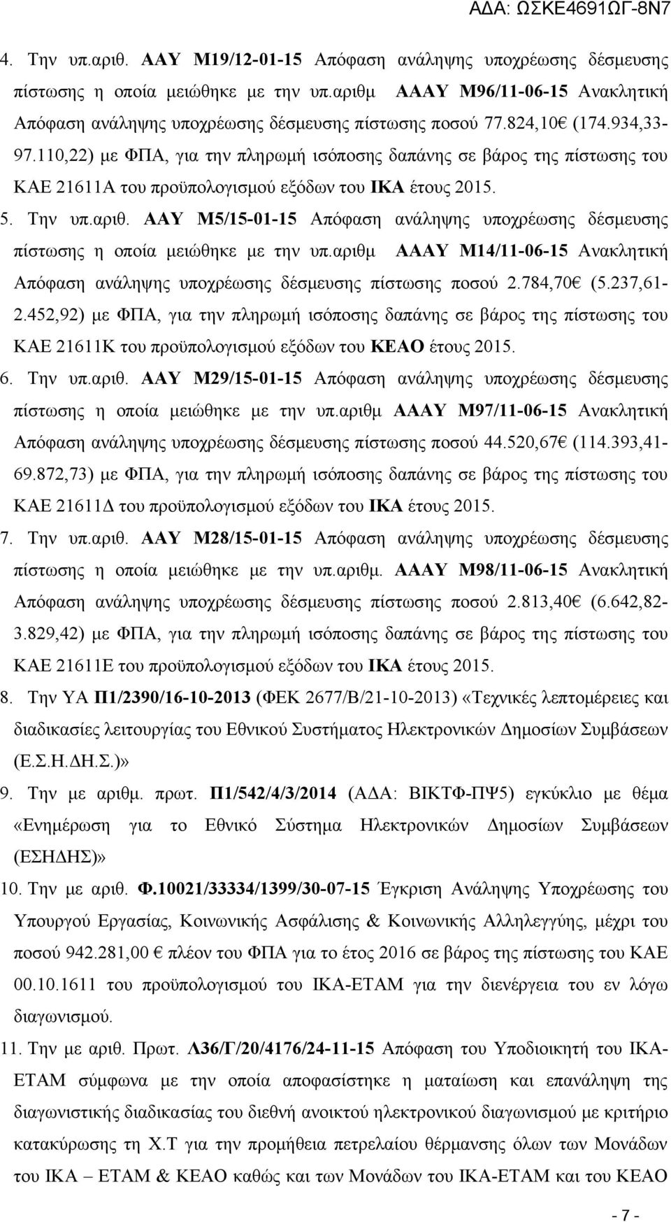 ΑΑΥ Μ5/15-01-15 Απόφαση ανάληψης υποχρέωσης δέσμευσης πίστωσης η οποία μειώθηκε με την υπ.αριθμ ΑΑΑΥ Μ14/11-06-15 Ανακλητική Απόφαση ανάληψης υποχρέωσης δέσμευσης πίστωσης ποσού 2.784,70 (5.237,61-2.