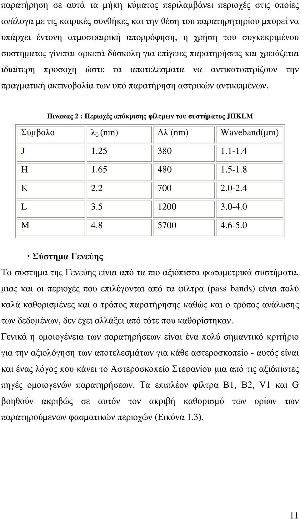 αστρικών αντικειµένων. Πινακας 2 : Περιοχές απόκρισης φίλτρων του συστήµατος JHKLM Σύµβολο λ 0 (nm) λ (nm) Waveband(µm) J 1.25 380 1.1-1.4 H 1.65 480 1.5-1.8 K 2.2 700 2.0-2.4 L 3.5 1200 3.0-4.0 M 4.