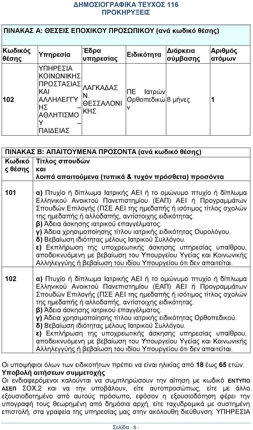 θέσης και λοιπά απαιτούμενα (τυπικά & τυχόν πρόσθετα) προσόντα 101 α) Πτυχίο ή δίπλωμα Ιατρικής ΑΕΙ ή το ομώνυμο πτυχίο ή δίπλωμα Ελληνικού Ανοικτού Πανεπιστημίου (ΕΑΠ) ΑΕΙ ή Προγραμμάτων Σπουδών