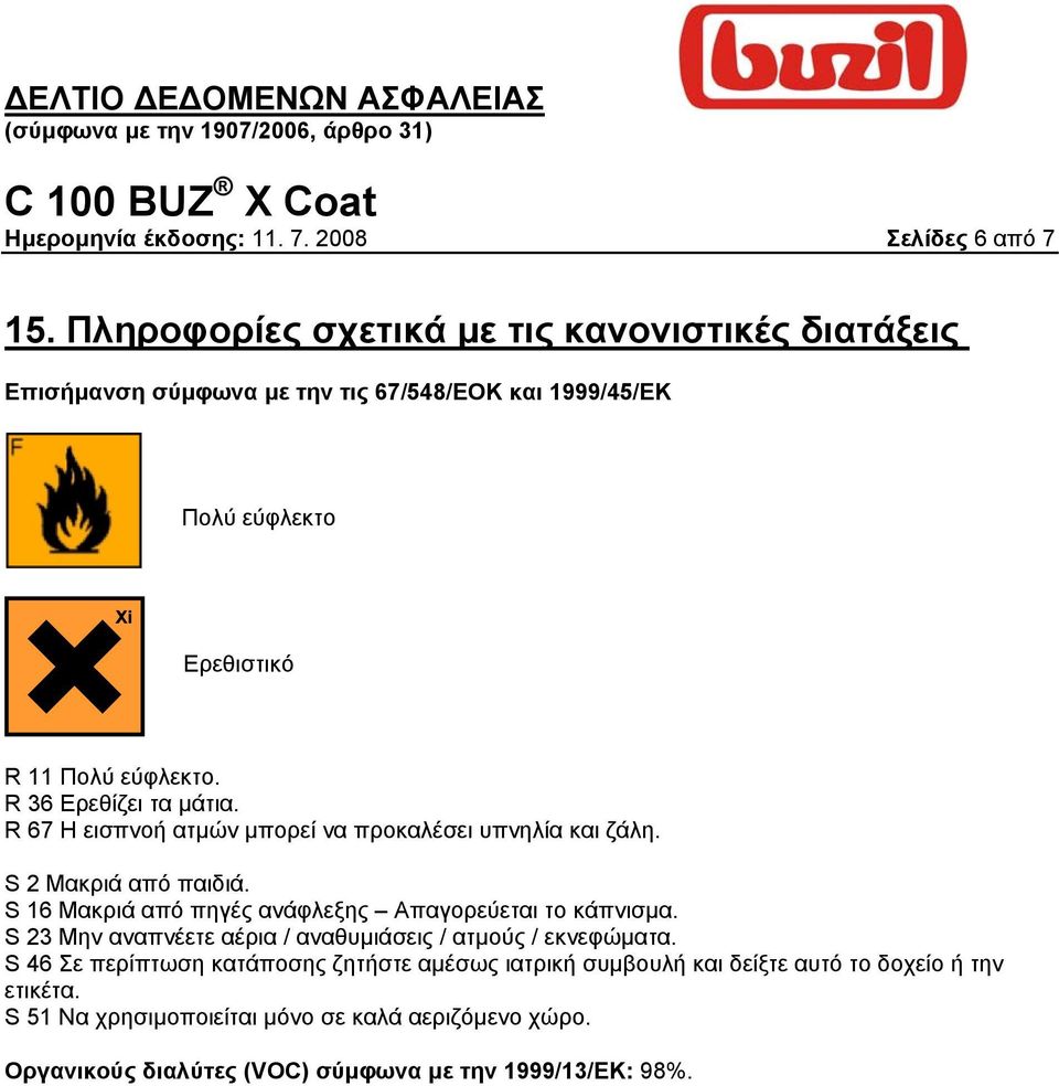 R 36 Ερεθίζει τα µάτια. R 67 Η εισπνοή ατµών µπορεί να προκαλέσει υπνηλία και ζάλη. S 2 Μακριά από παιδιά.