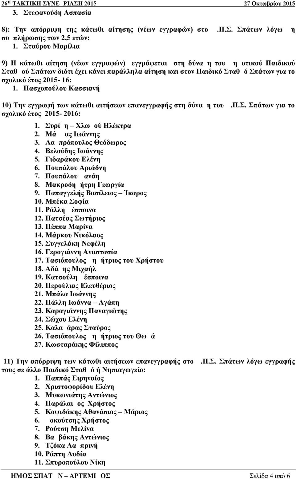 2015-16: 1. Πασχοπούλου Κασσιανή 10) Την εγγραφή των κάτωθι αιτήσεων επανεγγραφής στη δύναμη του Δ.Π.Σ. Σπάτων για το σχολικό έτος 2015-2016: 1. Συρίμη Χλωμού Ηλέκτρα 2. Μάμμας Ιωάννης 3.