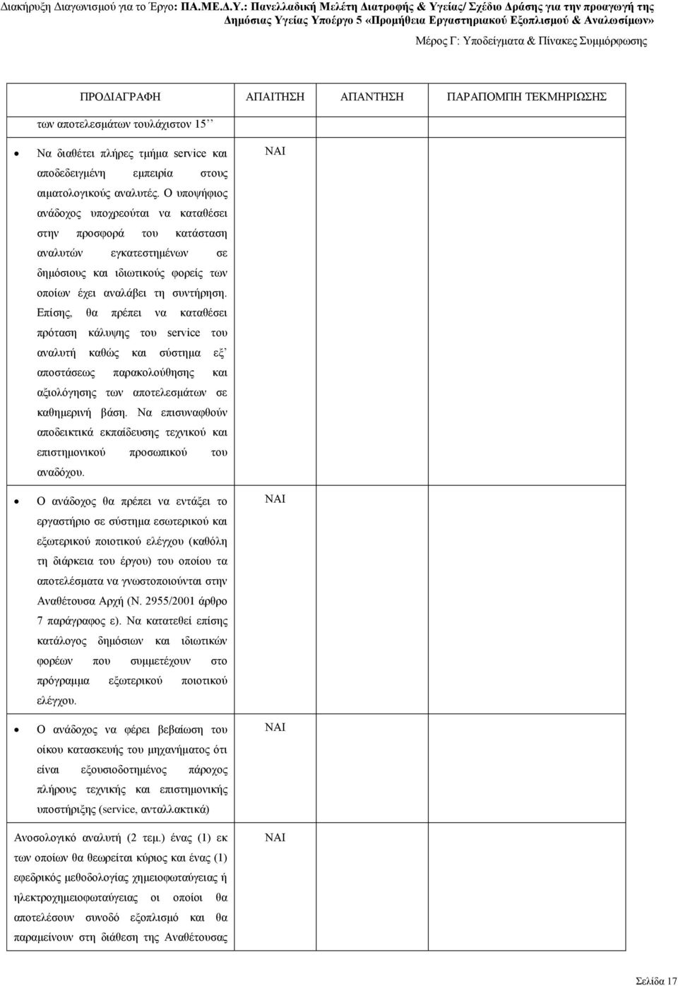 Επίσης, θα πρέπει να καταθέσει πρόταση κάλυψης του service του αναλυτή καθώς και σύστημα εξ αποστάσεως παρακολούθησης και αξιολόγησης των αποτελεσμάτων σε καθημερινή βάση.