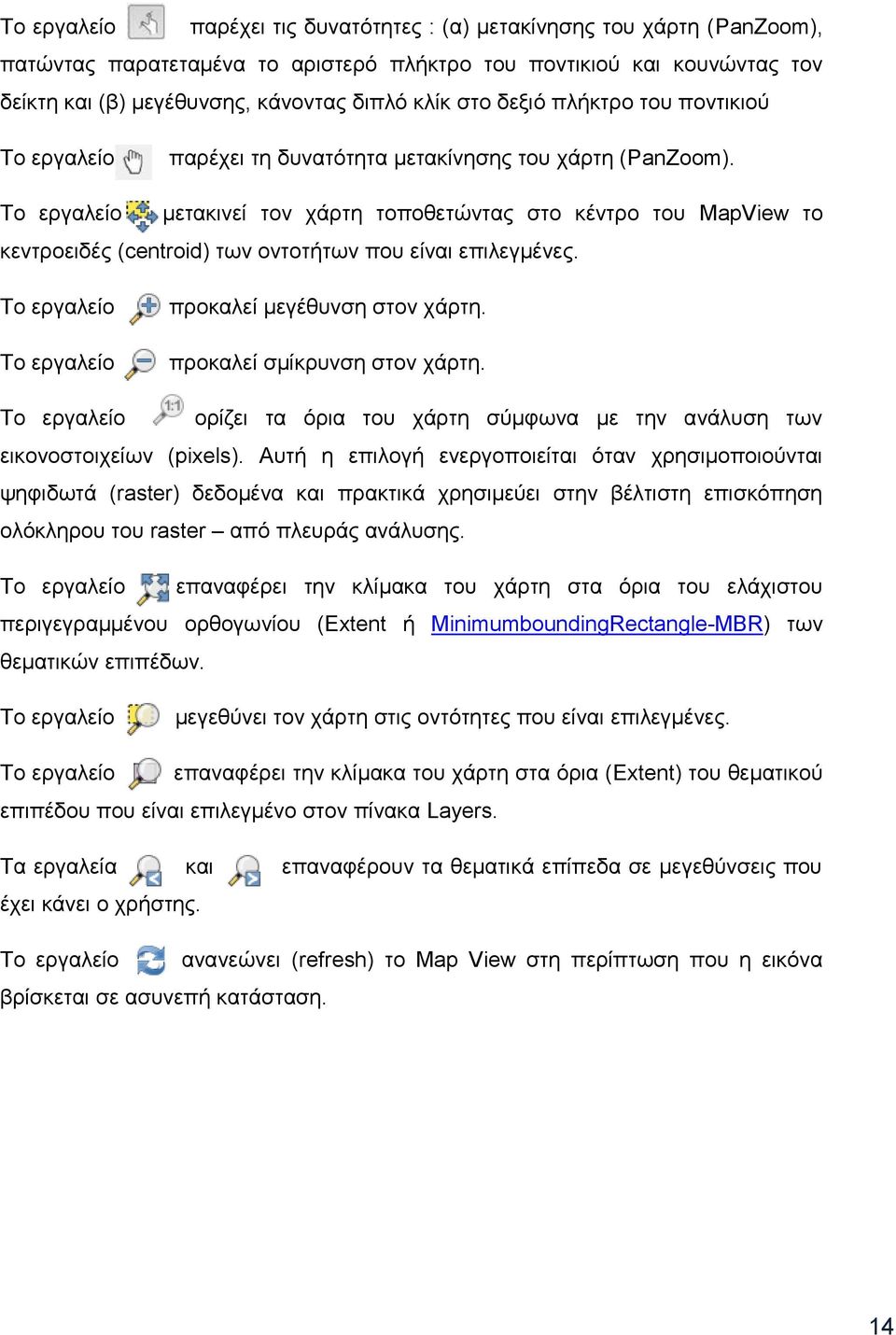 Τν εξγαιείν κεηαθηλεί ηνλ ράξηε ηνπνζεηψληαο ζην θέληξν ηνπ MapView ην θεληξνεηδέο (centroid) ησλ νληνηήησλ πνπ είλαη επηιεγκέλεο. Τν εξγαιείν Τν εξγαιείν πξνθαιεί κεγέζπλζε ζηνλ ράξηε.