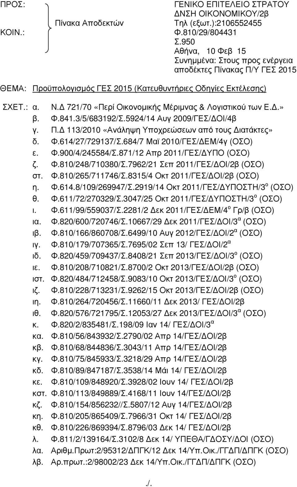 721/70 «Περί Οικονοµικής Μέριµνας & Λογιστικού των Ε..» β. Φ.841.3/5/683192/Σ.5924/14 Αυγ 2009/ΓΕΣ/ ΟΙ/4β γ. Π. 113/2010 «Ανάληψη Υποχρεώσεων από τους ιατάκτες» δ. Φ.614/27/729137/Σ.