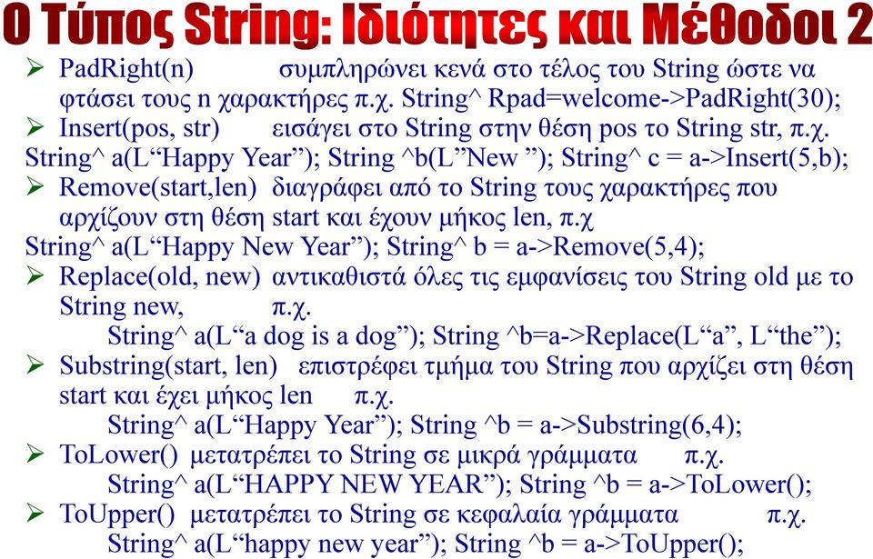 χ String^ a(l Happy Νew Year ); String^ b = a->remove(5,4); Replace(old, new) αντικαθιστά όλες τις εμφανίσεις του String old με το String new, π.χ. String^ a(l a dog is a dog ); String ^b=a->replace(l a, L the ); Substring(start, len) επιστρέφει τμήμα του String που αρχίζει στη θέση start και έχει μήκος len π.