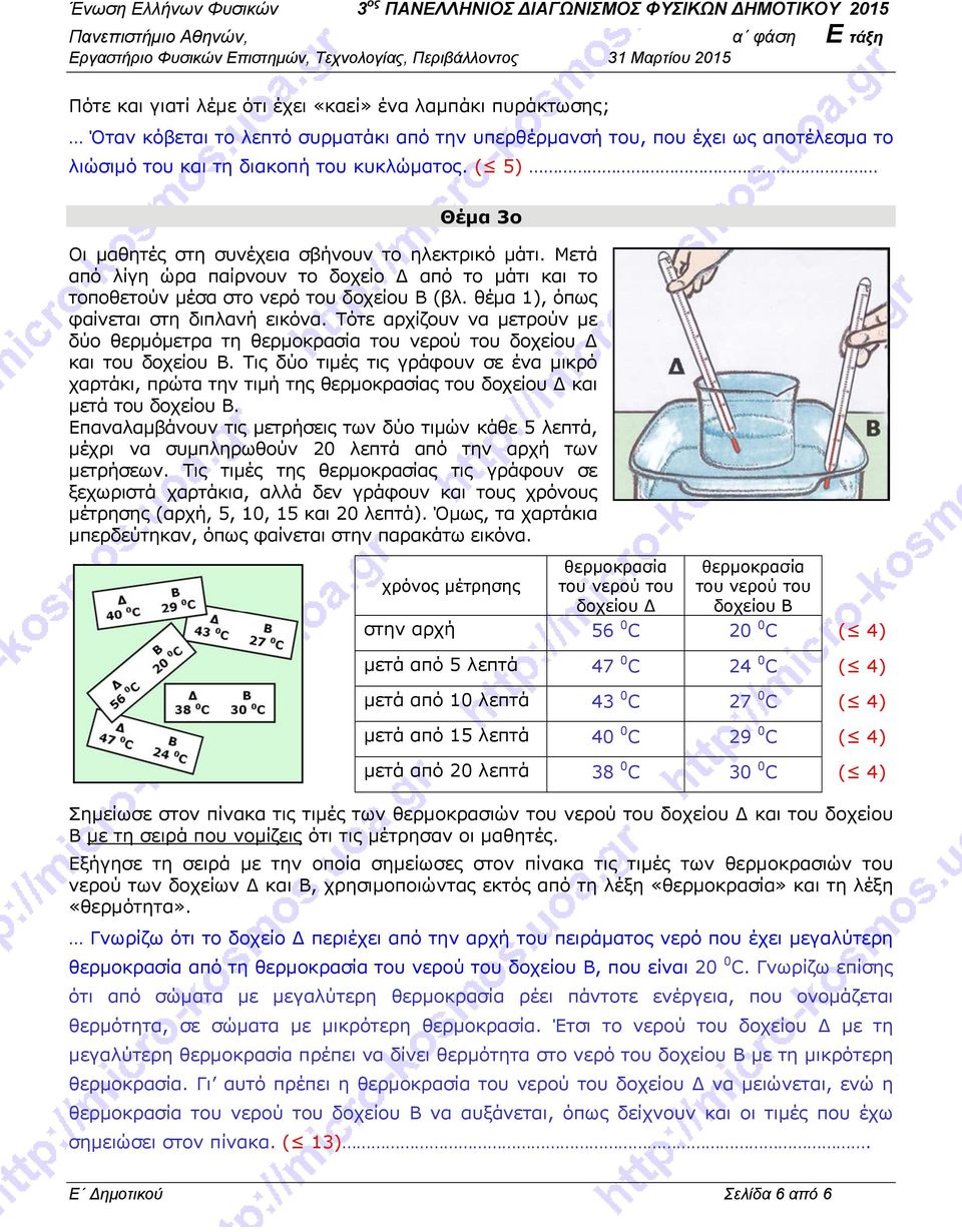 θέμα 1), όπως φαίνεται στη διπλανή εικόνα. Τότε αρχίζουν να μετρούν με δύο θερμόμετρα τη θερμοκρασία του νερού του δοχείου Δ και του δοχείου Β.