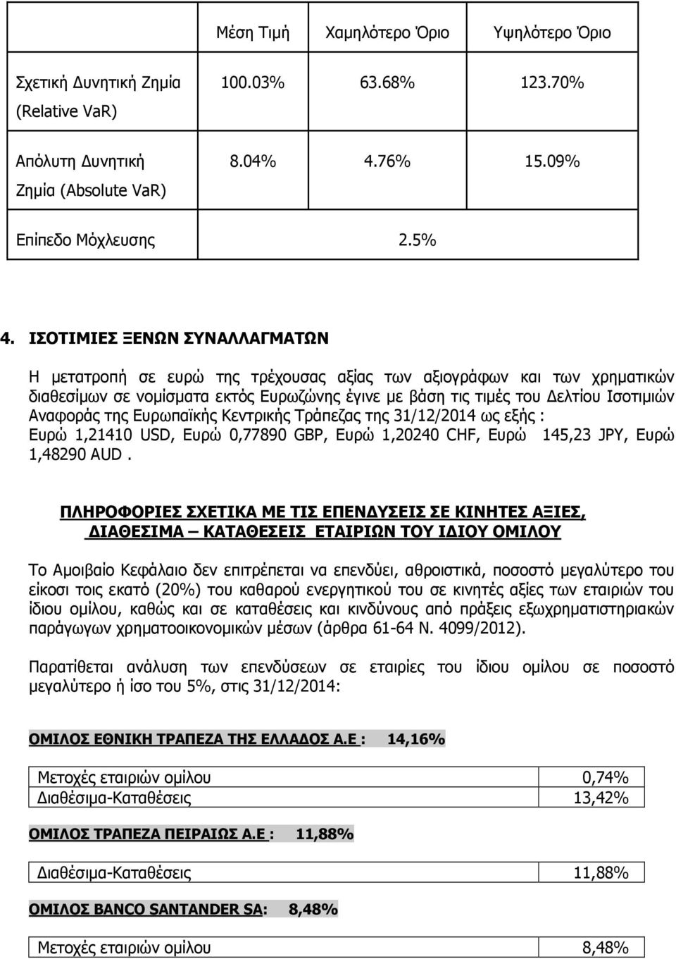 της Ευρωπαϊκής Κεντρικής Τράπεζας της 31/12/2014 ως εξής : Ευρώ 1,21410 USD, Ευρώ 0,77890 GBP, Ευρώ 1,20240 CHF, Ευρώ 145,23 JPY, Ευρώ 1,48290 AUD.