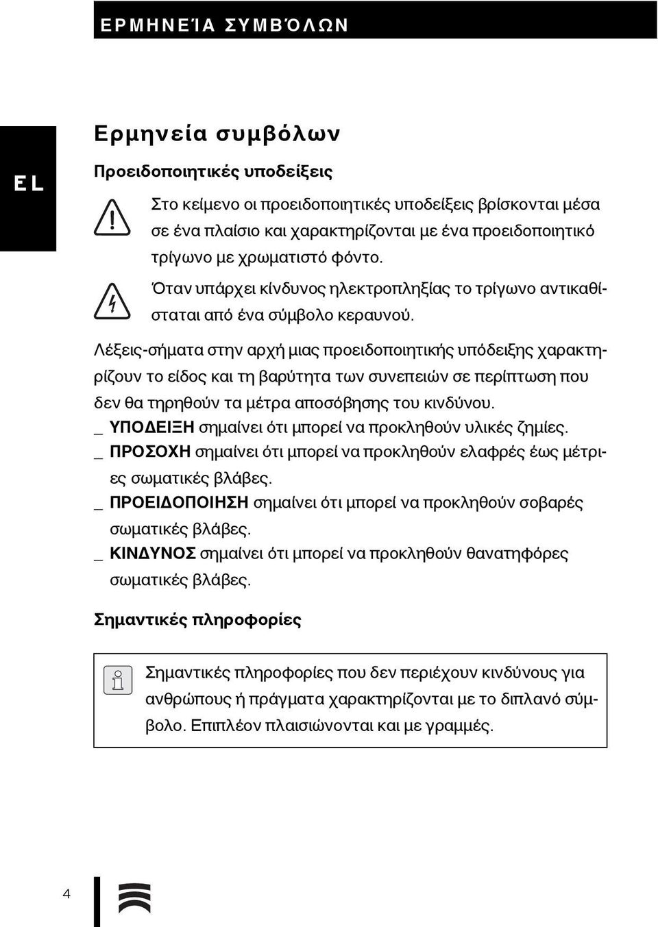 Λέξεις-σήματα στην αρχή μιας προειδοποιητικής υπόδειξης χαρακτηρίζουν το είδος και τη βαρύτητα των συνεπειών σε περίπτωση που δεν θα τηρηθούν τα μέτρα αποσόβησης του κινδύνου.