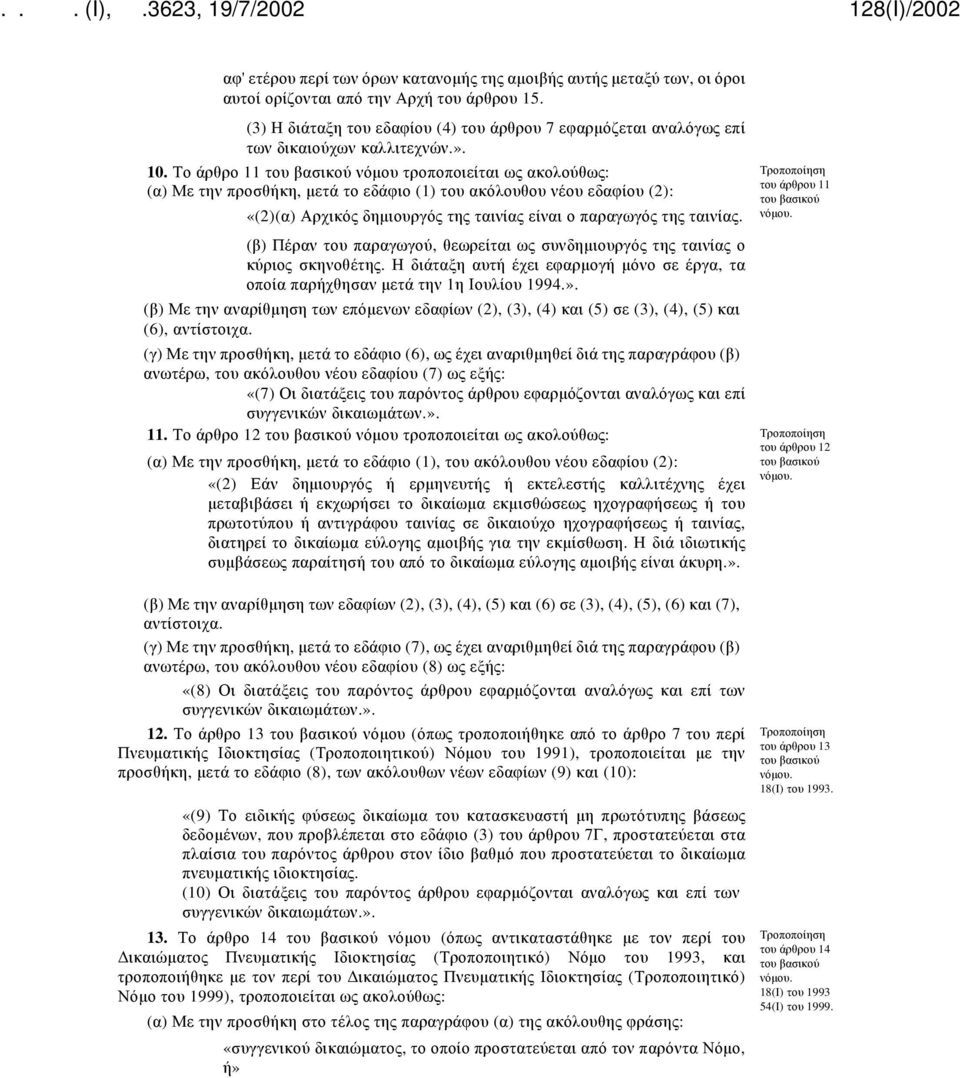 Το άρθρο 11 του βασικού νόμου τροποποιείται ως ακολούθως: Τροποποίηση (α) Με την προσθήκη, μετά το εδάφιο (1) του ακόλουθου νέου εδαφίου (2): «(2)(α) Αρχικός δημιουργός της ταινίας είναι ο παραγωγός