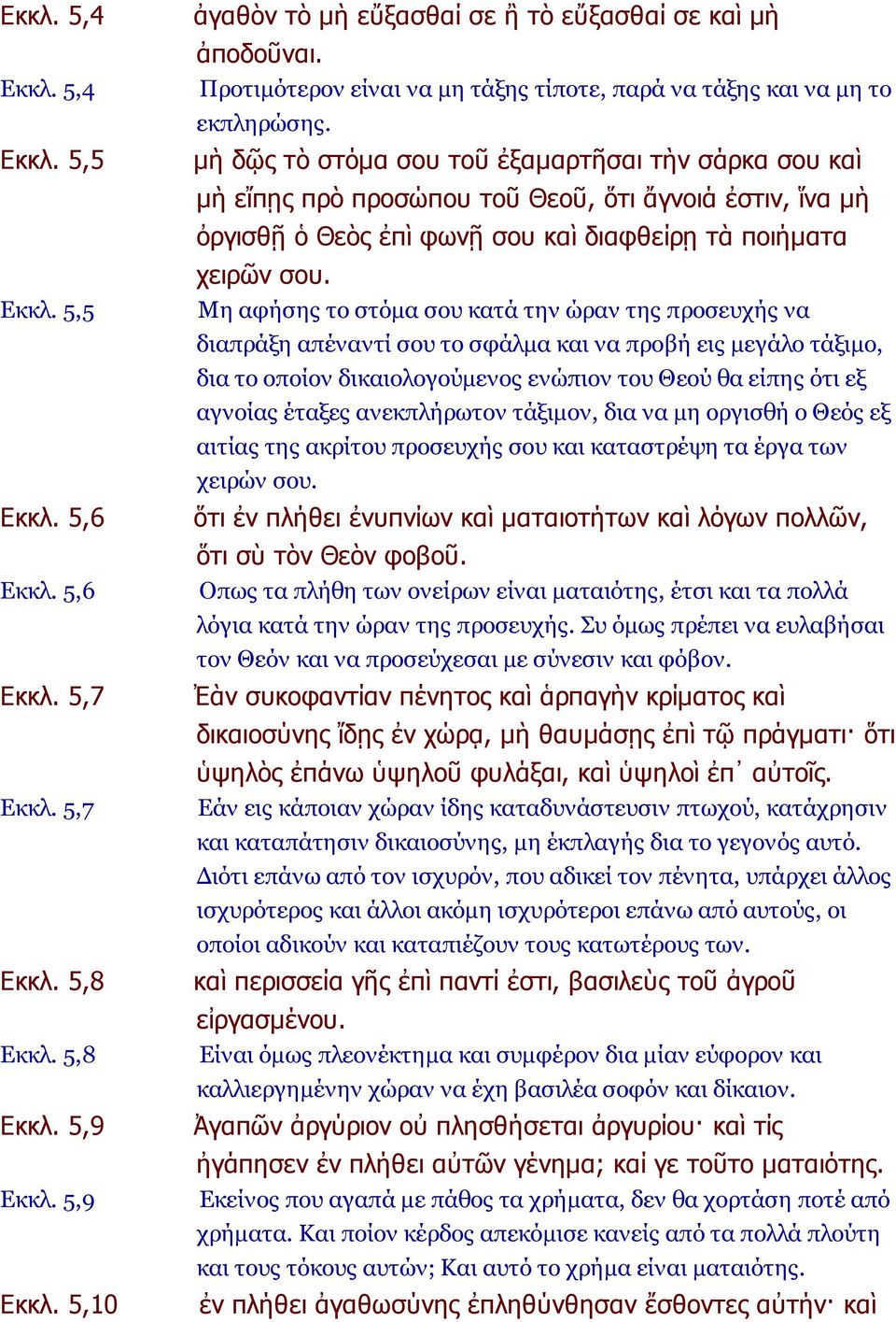 μὴ δῷς τὸ στόμα σου τοῦ ἐξαμαρτῆσαι τὴν σάρκα σου καὶ μὴ εἴπῃς πρὸ προσώπου τοῦ Θεοῦ, ὅτι ἄγνοιά ἐστιν, ἵνα μὴ ὀργισθῇ ὁ Θεὸς ἐπὶ φωνῇ σου καὶ διαφθείρῃ τὰ ποιήματα χειρῶν σου.