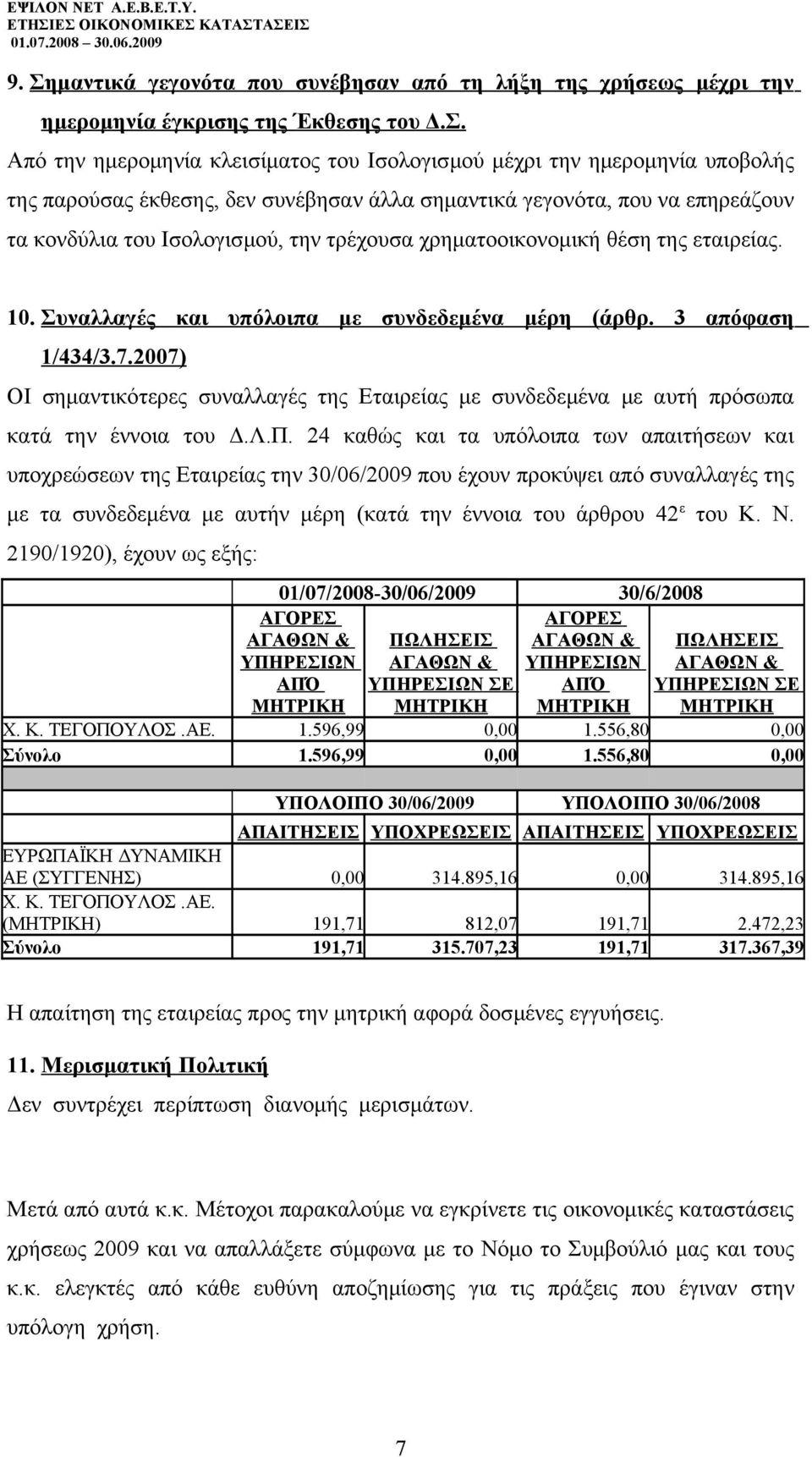 Συναλλαγές και υπόλοιπα με συνδεδεμένα μέρη (άρθρ. 3 απόφαση 1/434/3.7.2007) ΟΙ σημαντικότερες συναλλαγές της Εταιρείας με συνδεδεμένα με αυτή πρόσωπα κατά την έννοια του Δ.Λ.Π.