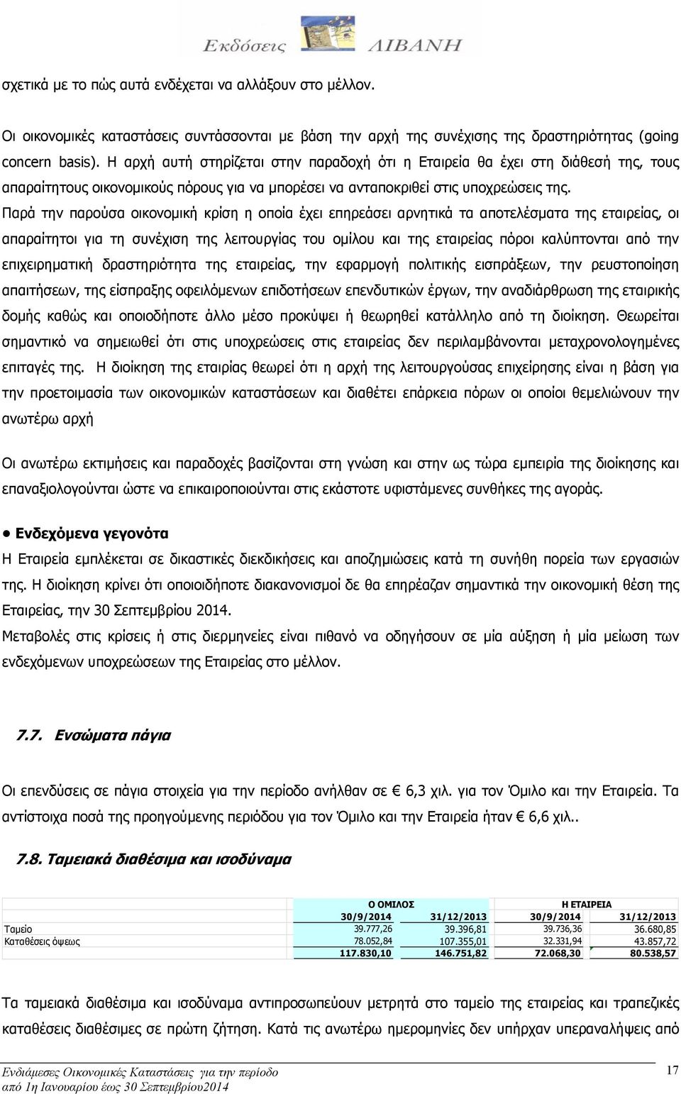 Παρά την παρούσα οικονομική κρίση η οποία έχει επηρεάσει αρνητικά τα αποτελέσματα της εταιρείας, οι απαραίτητοι για τη συνέχιση της λειτουργίας του ομίλου και της εταιρείας πόροι καλύπτονται από την