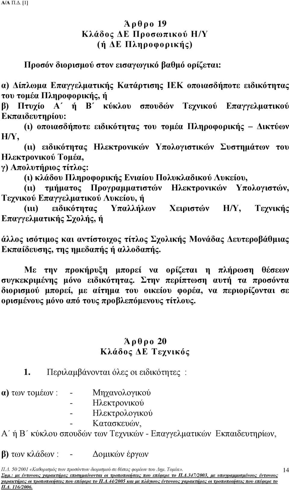 Ηλεκτρονικού Τομέα, γ) Απολυτήριος τίτλος: (ι) κλάδου Πληροφορικής Ενιαίου Πολυκλαδικού Λυκείου, (ιι) τμήματος Προγραμματιστών Ηλεκτρονικών Υπολογιστών, Τεχνικού Επαγγελματικού Λυκείου, ή (ιιι)