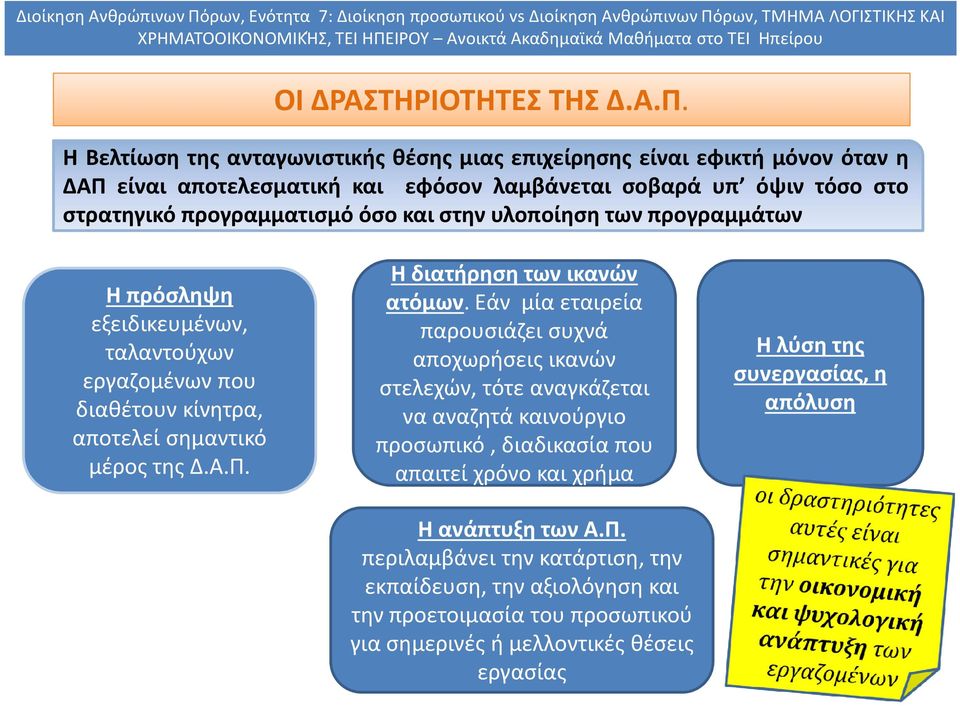 και στην υλοποίηση των προγραμμάτων Η πρόσληψη εξειδικευμένων, ταλαντούχων εργαζομένων που διαθέτουν κίνητρα, αποτελεί σημαντικό μέρος της Δ.Α.Π. Η διατήρηση των ικανών ατόμων.