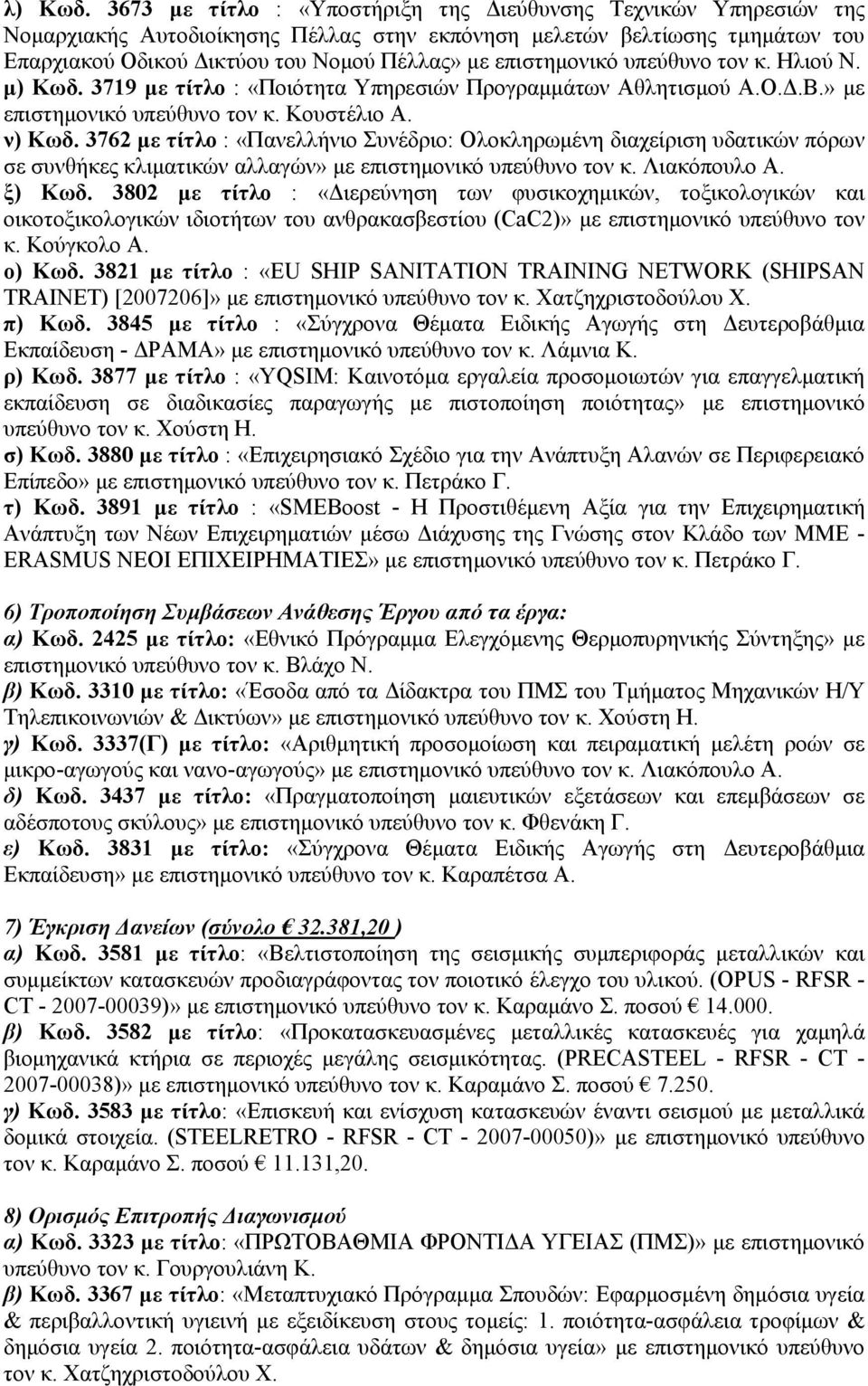 επιστημονικό υπεύθυνο τον κ. Ηλιού Ν. μ) Kωδ. 3719 με τίτλο : «Ποιότητα Υπηρεσιών Προγραμμάτων Αθλητισμού Α.Ο.Δ.Β.» με επιστημονικό υπεύθυνο τον κ. Κουστέλιο Α. ν) Kωδ.