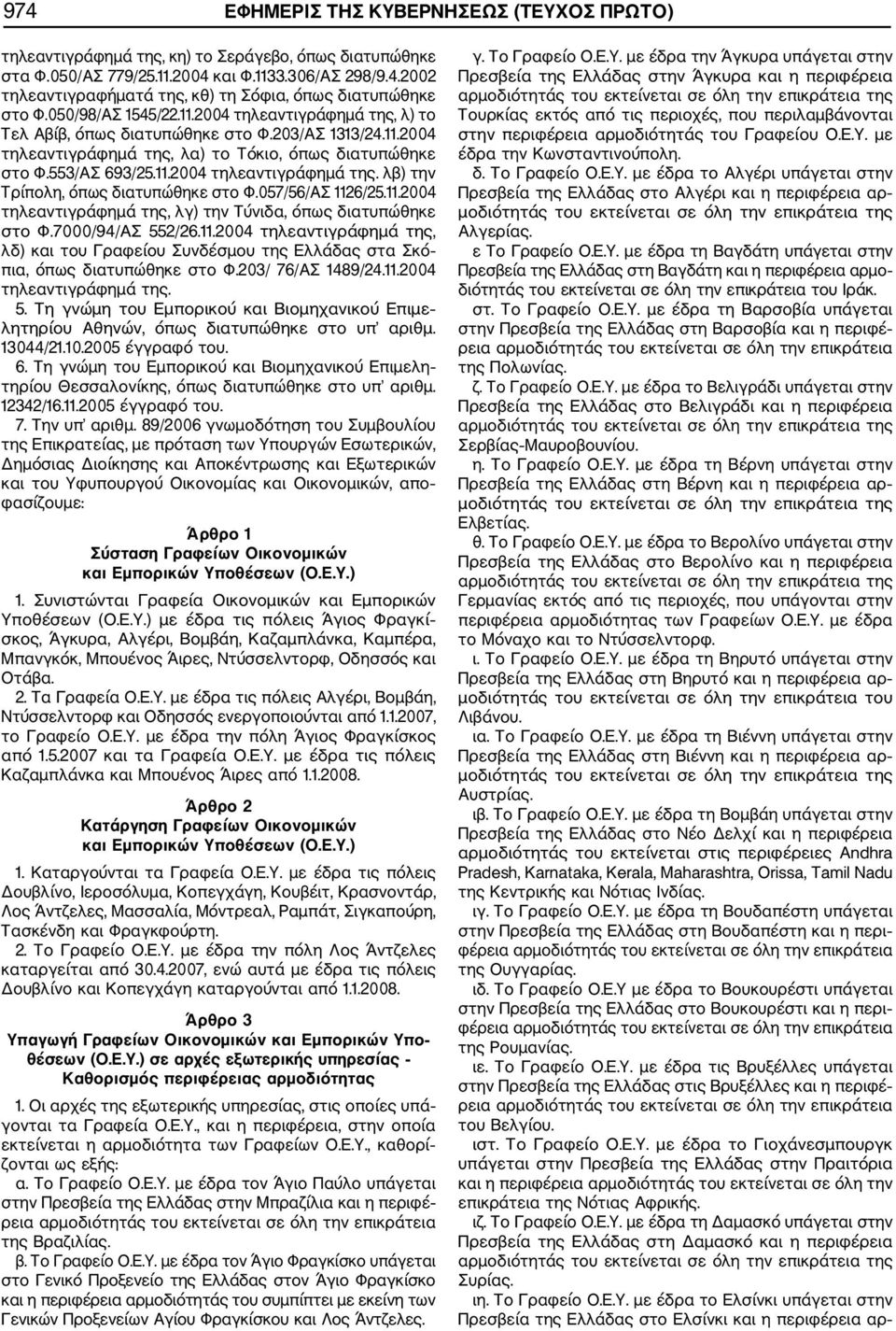 057/56/ΑΣ 1126/25.11.2004 τηλεαντιγράφημά της, λγ) την Τύνιδα, όπως διατυπώθηκε στο Φ.7000/94/ΑΣ 552/26.11.2004 τηλεαντιγράφημά της, λδ) και του Γραφείου Συνδέσμου της Ελλάδας στα Σκό πια, όπως διατυπώθηκε στο Φ.