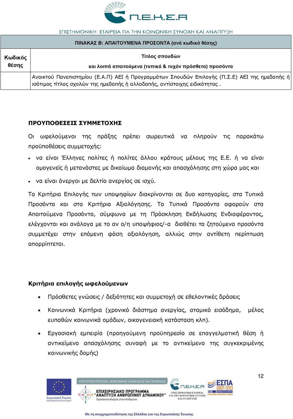 ΠΡΟΥΠΟΘΕΣΕΙΣ ΣΥΜΜΕΤΟΧΗΣ Οι ωφελούμενοι της πράξης πρέπει σωρευτικά να πληρούν τις παρακάτω προϋποθέσεις συμμετοχς: να είναι Έλληνες πολίτες πολίτες άλλου κράτους μέλους της Ε.Ε. να είναι ομογενείς μετανάστες με δικαίωμα διαμονς και απασχόλησης στη χώρα μας και να είναι άνεργοι με δελτίο ανεργίας σε ισχύ.