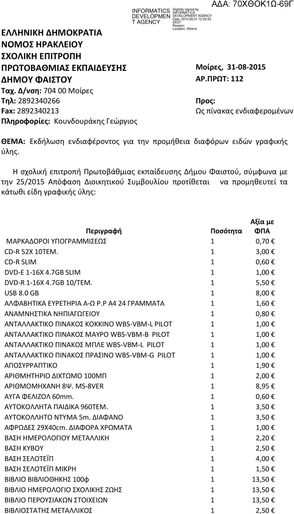 Η ςχολική επιτροπή Πρωτοβάθμιασ εκπαίδευςησ Δήμου Φαιςτοφ, ςφμφωνα με την 25/2015 Απόφαςη Διοικητικοφ υμβουλίου προτίθεται να προμηθευτεί τα κάτωθι είδη γραφικήσ φλησ: Περιγραφή Ποσότητα Αξία με ΦΠΑ