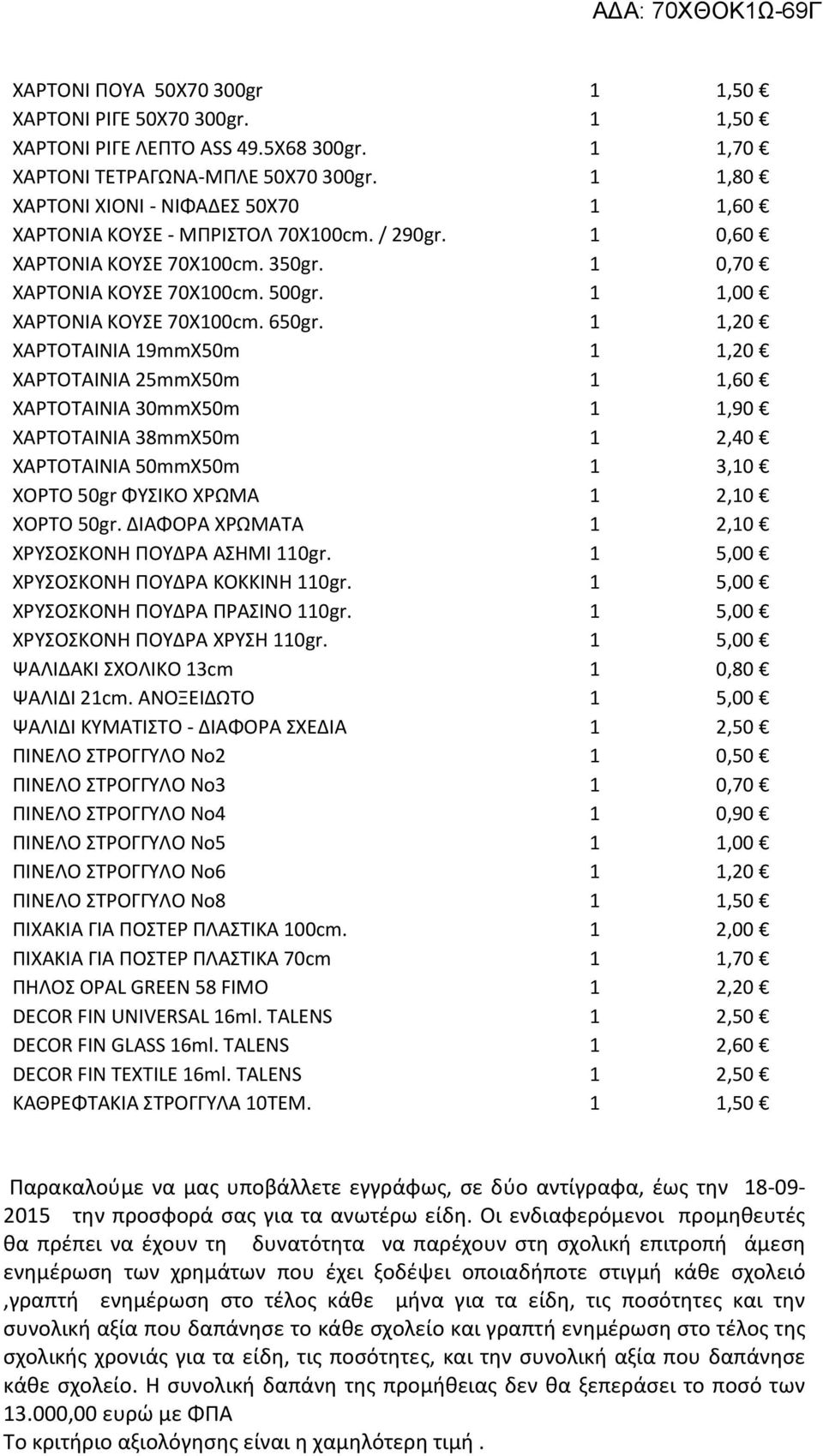 1 1,20 ΧΑΡΣΟΣΑΙΝΙΑ 19mmX50m 1 1,20 ΧΑΡΣΟΣΑΙΝΙΑ 25mmX50m 1 1,60 ΧΑΡΣΟΣΑΙΝΙΑ 30mmX50m 1 1,90 ΧΑΡΣΟΣΑΙΝΙΑ 38mmX50m 1 2,40 ΧΑΡΣΟΣΑΙΝΙΑ 50mmΧ50m 1 3,10 ΧΟΡΣΟ 50gr ΦΤΙΚΟ ΧΡΩΜΑ 1 2,10 ΧΟΡΣΟ 50gr.