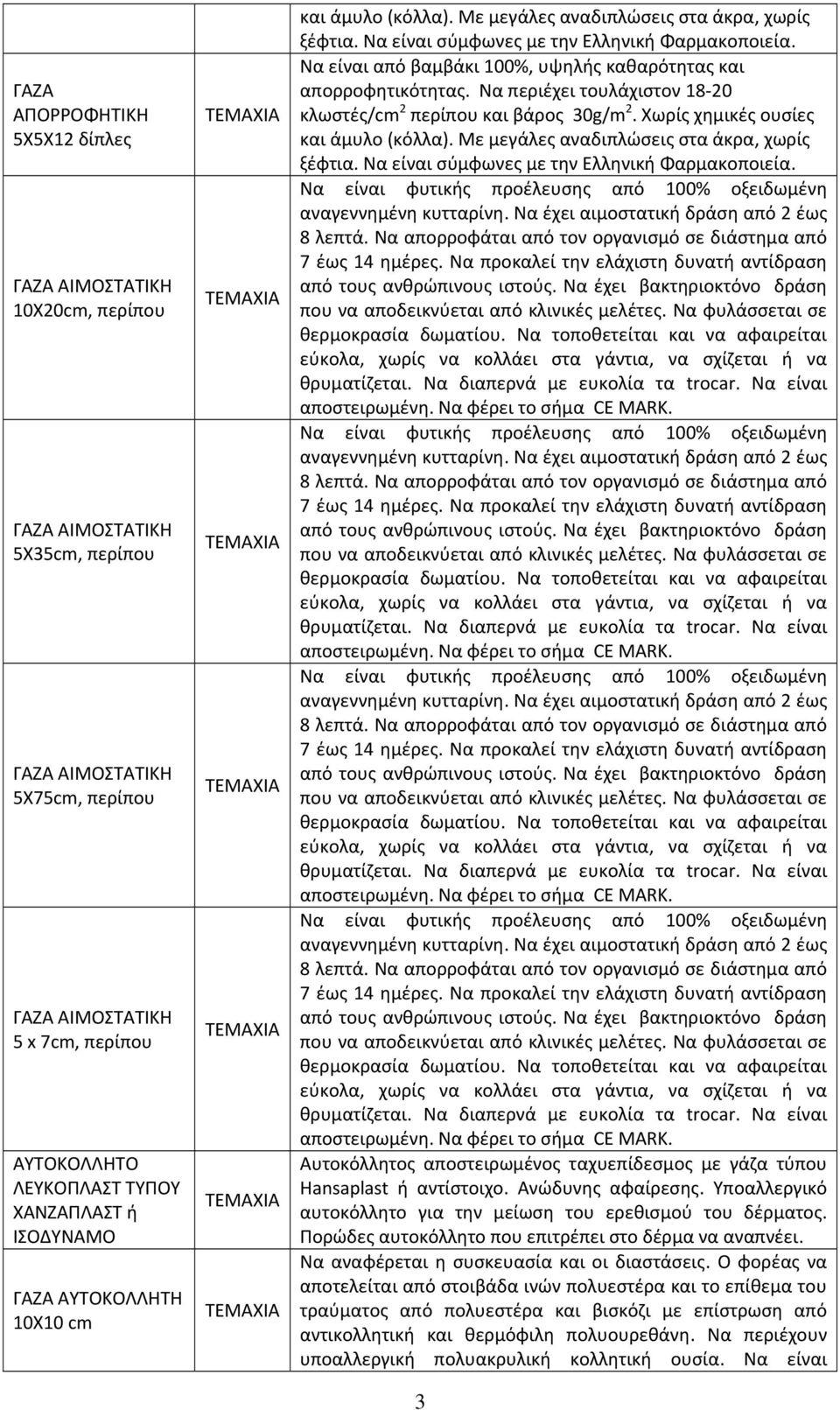 Να περιέχει τουλάχιστον 18 20 κλωστές/cm 2 περίπου και βάρος 30g/m 2. Χωρίς χημικές ουσίες και άμυλο (κόλλα). Με μεγάλες αναδιπλώσεις στα άκρα, χωρίς ξέφτια.