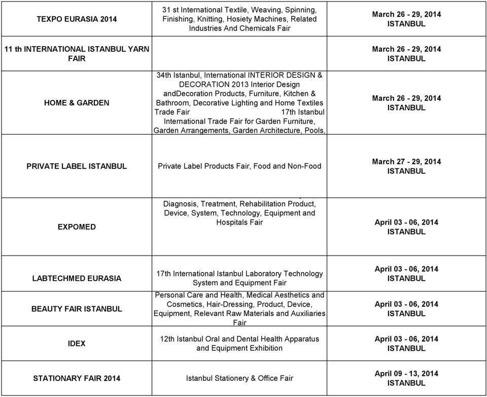 Istanbul International Trade Fair for Garden Furniture, Garden Arrangements, Garden Architecture, Pools, March 26-29, 2014 March 26-29, 2014 PRIVATE LABEL Private Label Products Fair, Food and