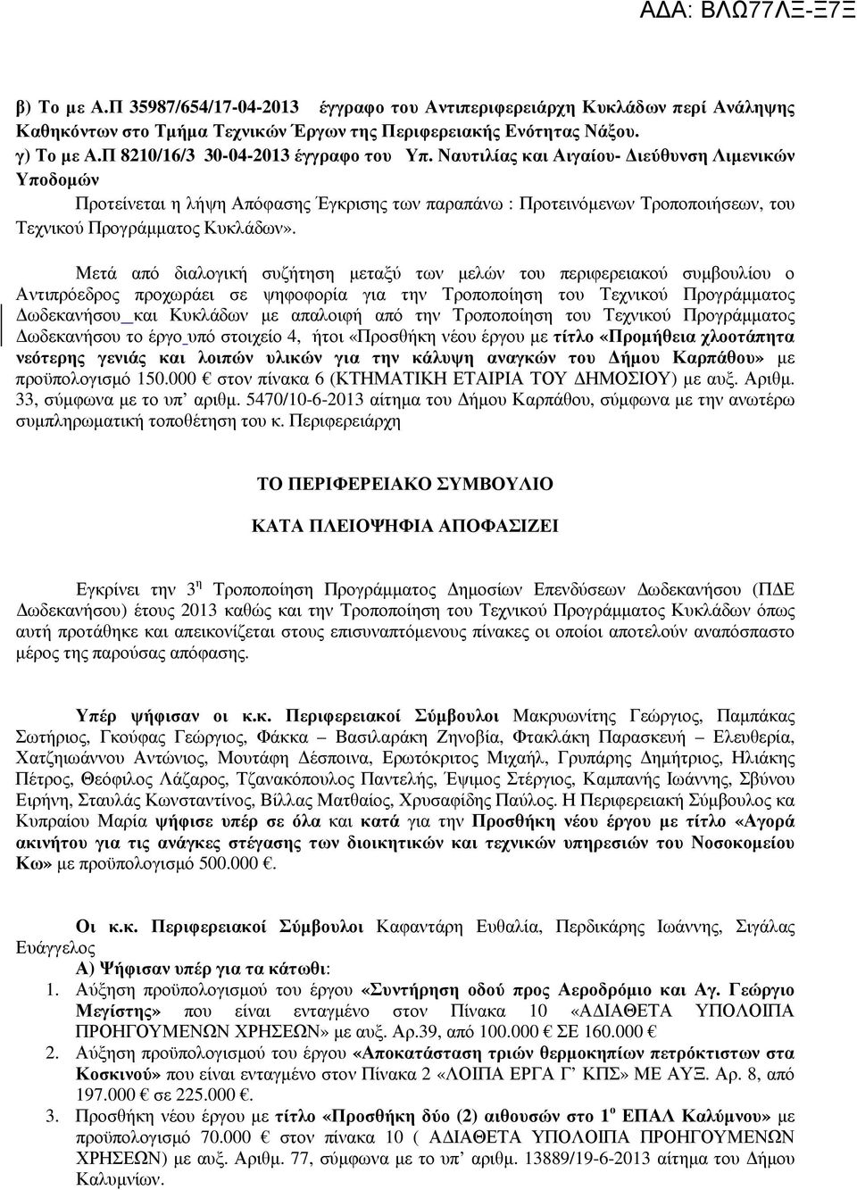 Μετά από διαλογική συζήτηση µεταξύ των µελών του περιφερειακού συµβουλίου ο Αντιπρόεδρος προχωράει σε ψηφοφορία για την Τροποποίηση του Τεχνικού ωδεκανήσου και Κυκλάδων µε απαλοιφή από την