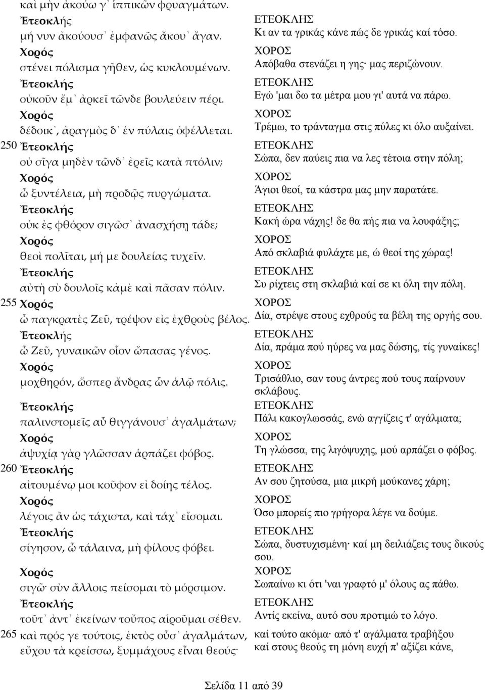 255 ὧ παγκρατὲς Ζεῦ, τρέψον εἰς ἐχθροὺς βέλος. ὧ Ζεῦ, γυναικὦν οἰον ὤπασας γένος. μοχθηρόν, ὥσπερ ἄνδρας Ὠν ἁλ πόλις. παλινστομεἶς αὖ θιγγάνουσ ἀγαλμάτων; ἀψυχίᾳ γὰρ γλὦσσαν ἁρπάζει φόβος.