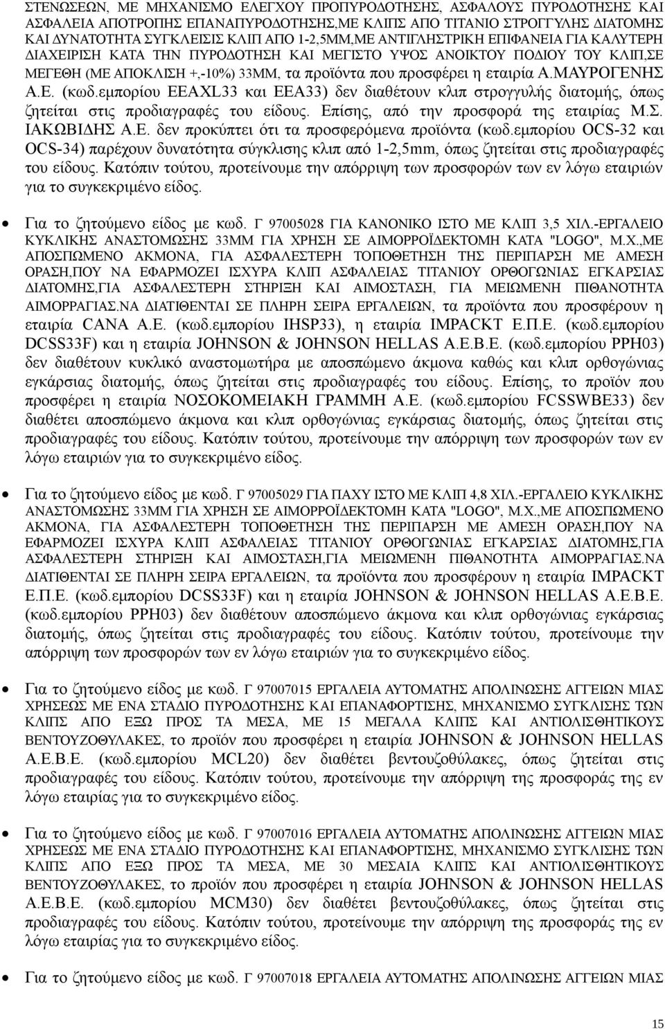 εμπορίου EEAXL33 και EEA33) δεν διαθέτουν κλιπ στρογγυλής διατομής, όπως ζητείται στις προδιαγραφές του είδους. Επίσης, από την προσφορά της εταιρίας Μ.Σ. ΙΑΚΩΒΙΔΗΣ Α.Ε. δεν προκύπτει ότι τα προσφερόμενα προϊόντα (κωδ.