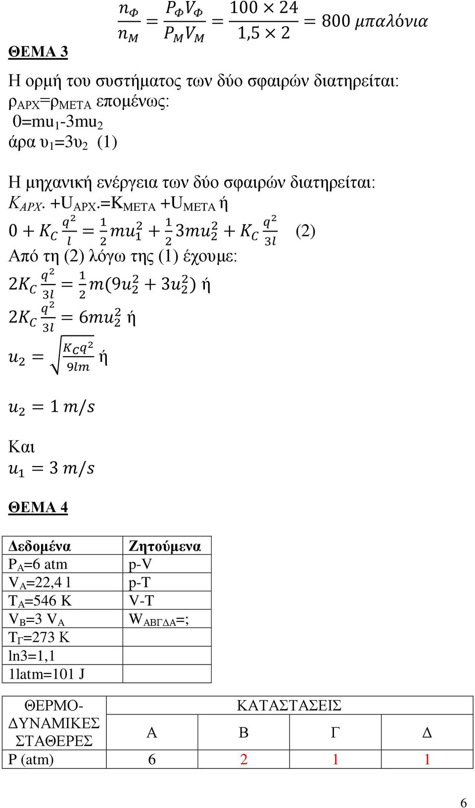 =K ME +U ME ή Από τη () λόγω της () έχουμε: ή ή ή () Και ΘΕΜΑ 4 Δεδομένα Ζητούμενα =6 atm p-