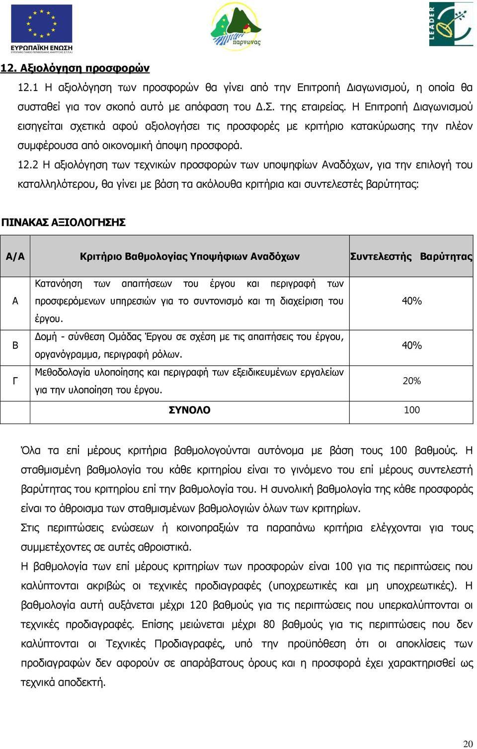 2 Η αξιολόγηση των τεχνικών προσφορών των υποψηφίων Αναδόχων, για την επιλογή του καταλληλότερου, θα γίνει με βάση τα ακόλουθα κριτήρια και συντελεστές βαρύτητας: ΠΙΝΑΚΑΣ ΑΞΙΟΛΟΓΗΣΗΣ Α/Α Κριτήριο