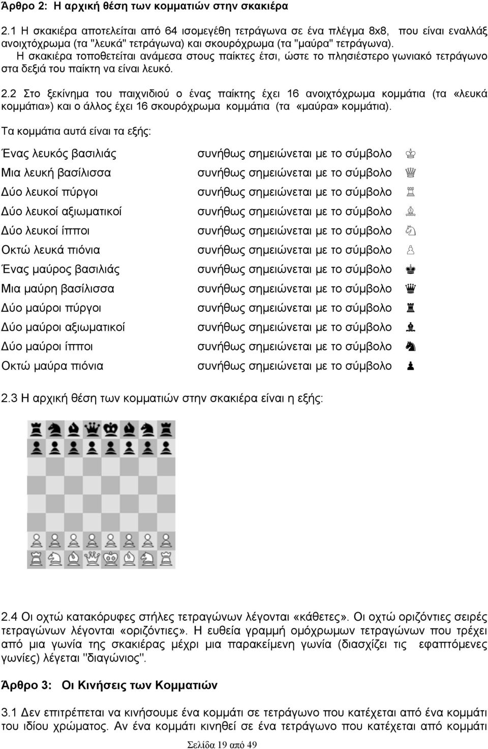 Η σκακιέρα τοποθετείται ανάμεσα στους παίκτες έτσι, ώστε το πλησιέστερο γωνιακό τετράγωνο στα δεξιά του παίκτη να είναι λευκό. 2.