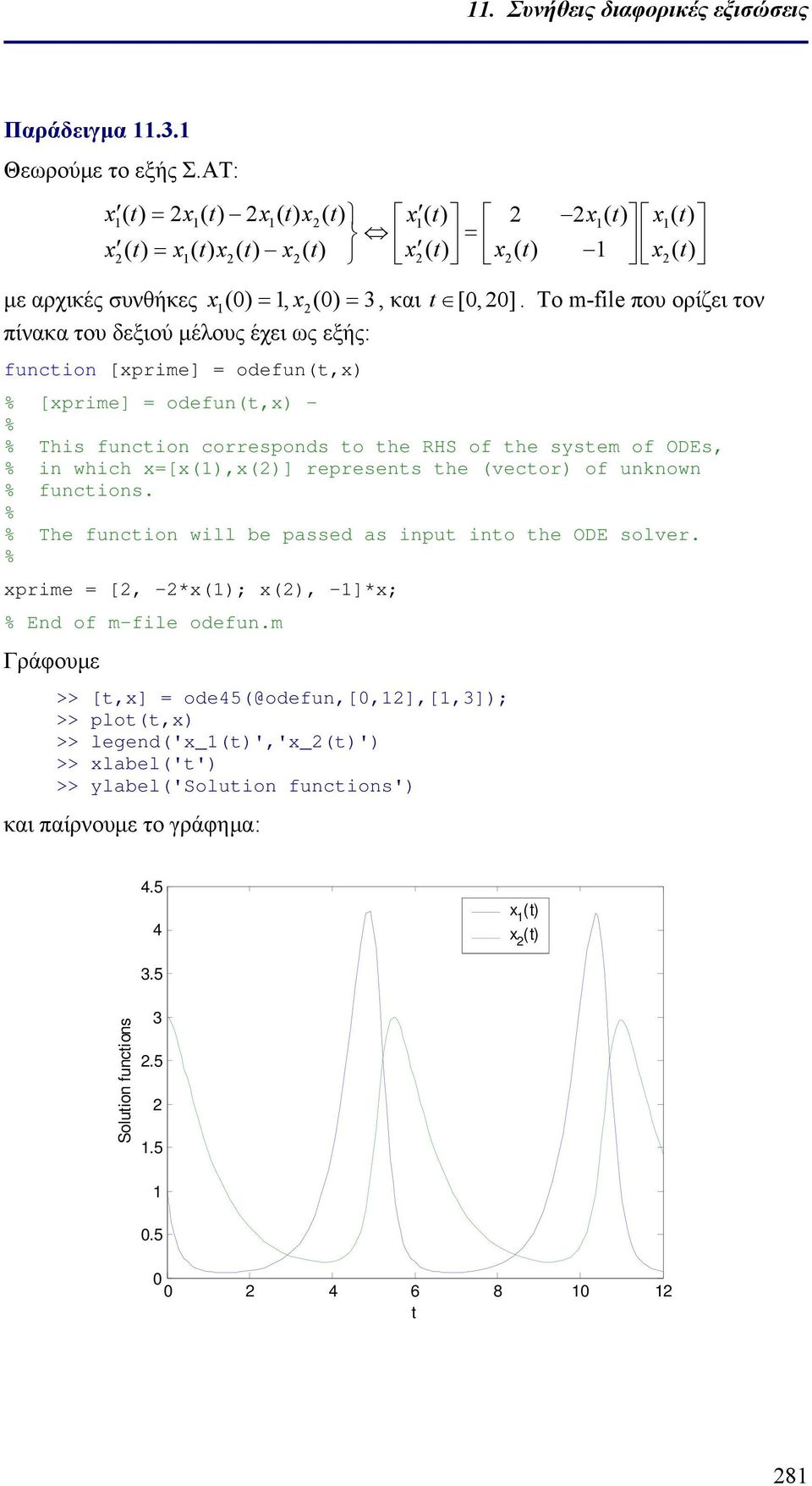 Το m-file που ορίζει τον πίνακα του δεξιού μέλους έχει ως εξής: funcion [xprime] = odefun(,x) [xprime] = odefun(,x) - This funcion corresponds o he RHS of he sysem of ODEs, in which x=[x(1),x(2)]