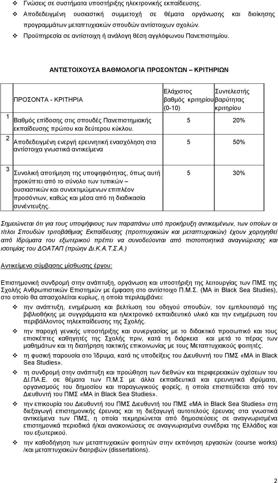 ΑΝΤΙΣΤΟΙΧΟΥΣΑ ΒΑΘΜΟΛΟΓΙΑ ΠΡΟΣΟΝΤΩΝ ΚΡΙΤΗΡΙΩΝ ΠΡΟΣΟΝΤΑ - ΚΡΙΤΗΡΙΑ 1 Βαθμός επίδοσης στις σπουδές Πανεπιστημιακής εκπαίδευσης πρώτου και δεύτερου κύκλου.