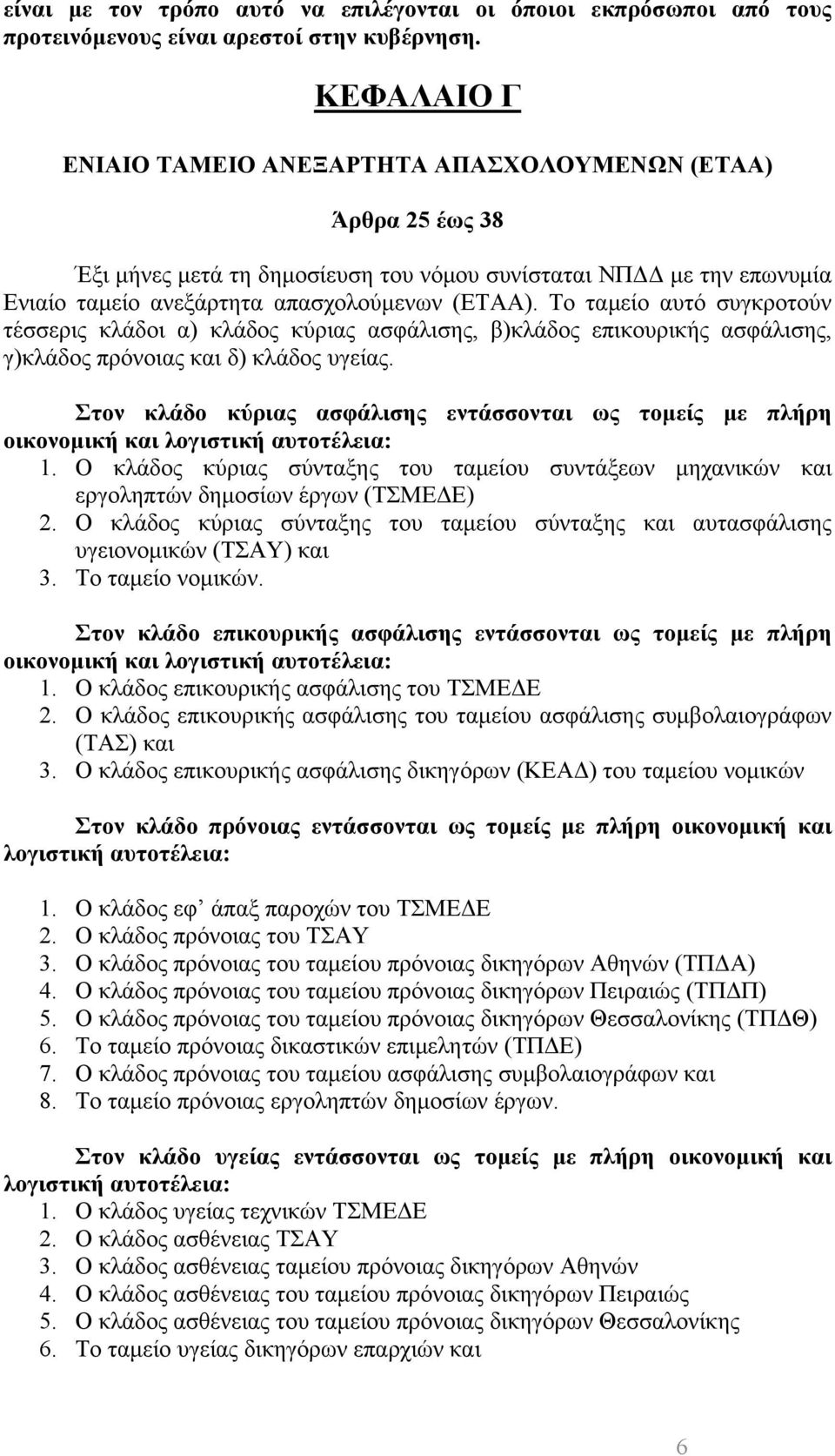 Το ταμείο αυτό συγκροτούν τέσσερις κλάδοι α) κλάδος κύριας ασφάλισης, β)κλάδος επικουρικής ασφάλισης, γ)κλάδος πρόνοιας και δ) κλάδος υγείας.