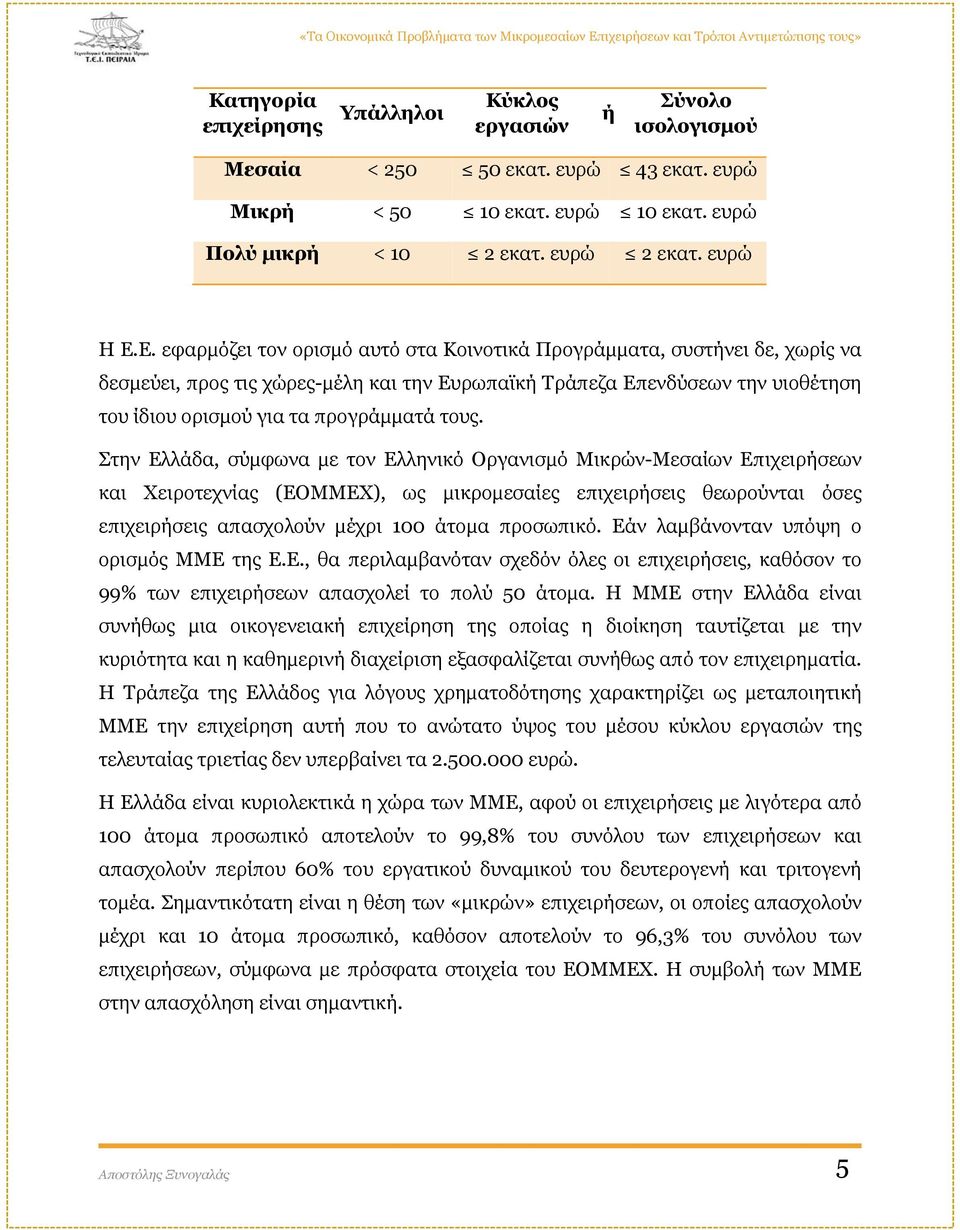 τους. Στην Ελλάδα, σύμφωνα με τον Ελληνικό Οργανισμό Μικρών-Μεσαίων Επιχειρήσεων και Χειροτεχνίας (ΕΟΜΜΕΧ), ως μικρομεσαίες επιχειρήσεις θεωρούνται όσες επιχειρήσεις απασχολούν μέχρι 100 άτομα