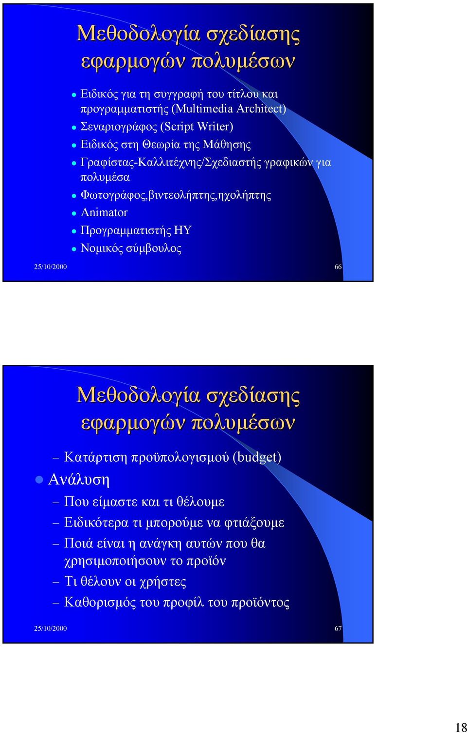 Νοµικός σύµβουλος 25/10/2000 66 Μεθοδολογία σχεδίασης εφαρµογών πολυµέσων Κατάρτιση προϋπολογισµού (budget) Ανάλυση Που είµαστεκαιτιθέλουµε Ειδικότερα