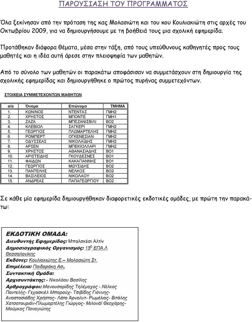 Από το σύνολο των μαθητών οι παρακάτω αποφάσισαν να συμμετάσχουν στη δημιουργία της σχολικής εφημερίδας και δημιουργήθηκε ο πρώτος πυρήνας συμμετεχόντων.