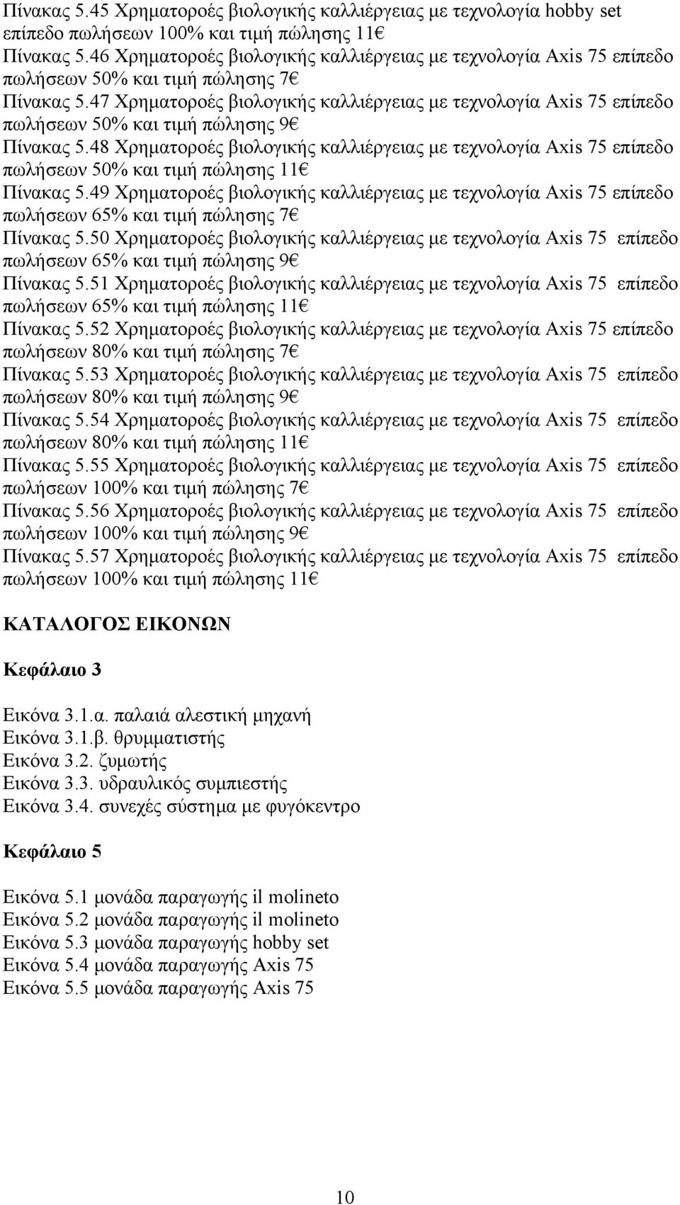 47 Χρηματοροές βιολογικής καλλιέργειας με τεχνολογία Axis 75 επίπεδο πωλήσεων 50% και τιμή πώλησης 9 Πίνακας 5.