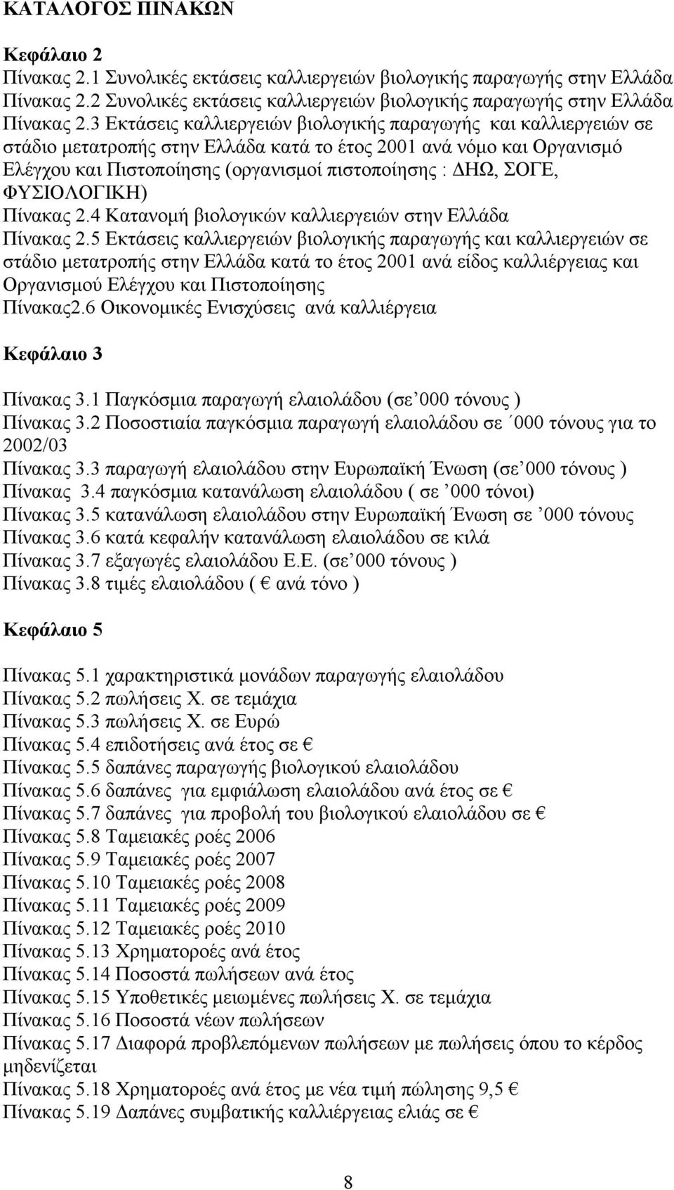 ΦΥΣΙΟΛΟΓΙΚΗ) Πίνακας 2.4 Κατανομή βιολογικών καλλιεργειών στην Ελλάδα Πίνακας 2.