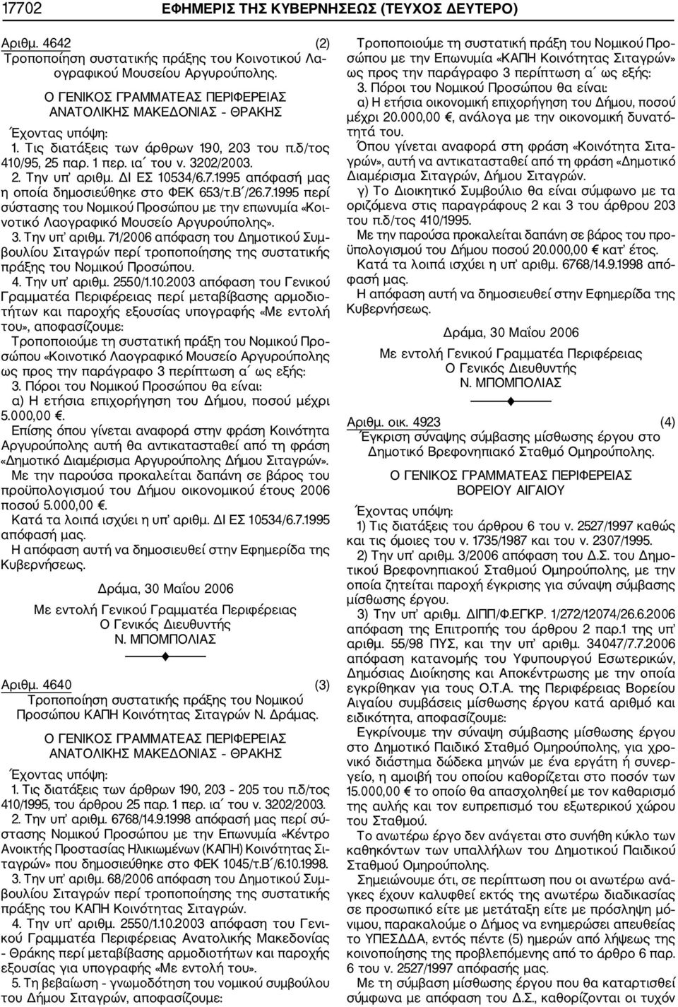 1995 απόφασή μας η οποία δημοσιεύθηκε στο ΦΕΚ 653/τ.Β /26.7.1995 περί σύστασης του Νομικού Προσώπου με την επωνυμία «Κοι νοτικό Λαογραφικό Μουσείο Αργυρούπολης». 3. Την υπ αριθμ.